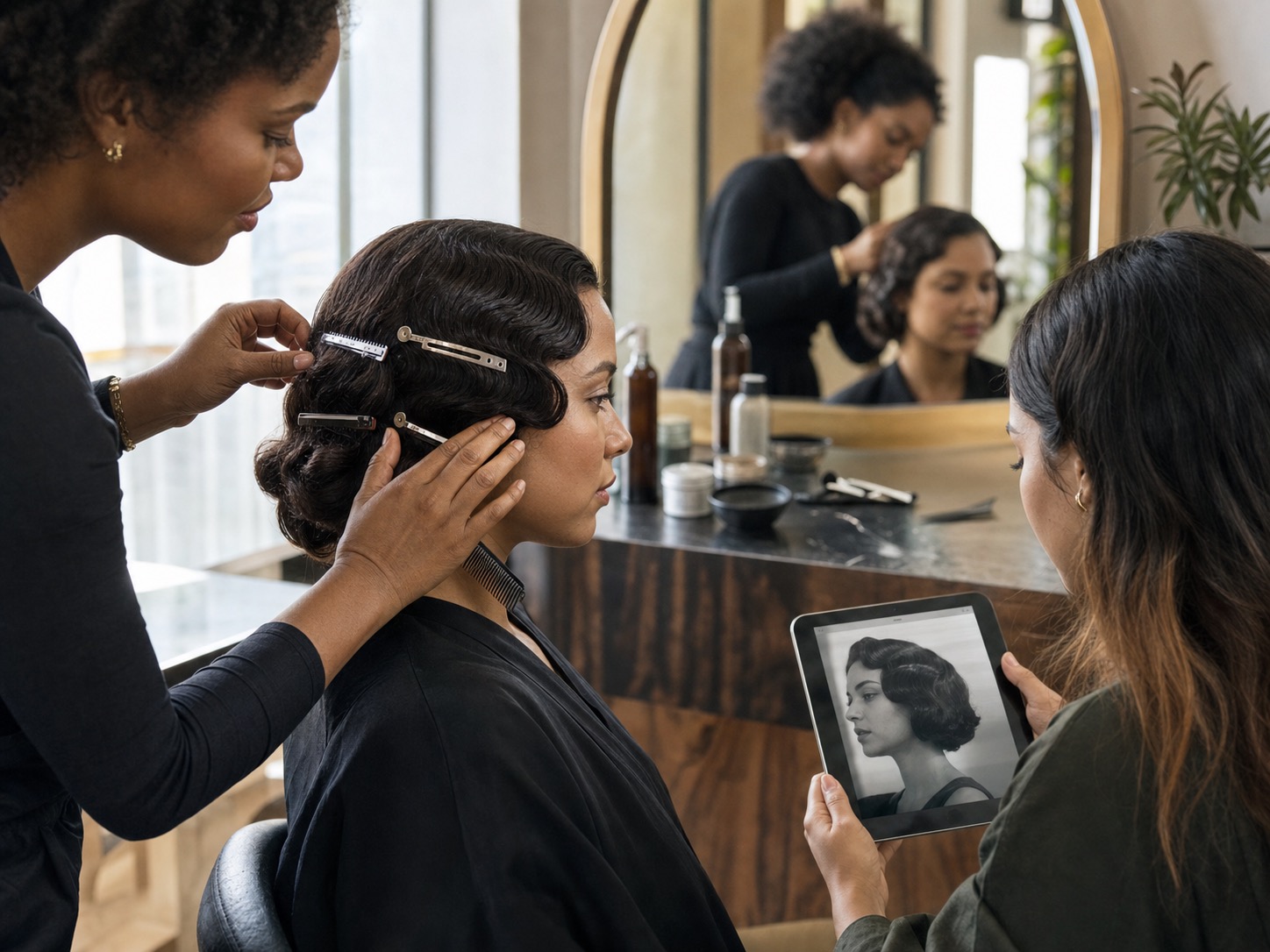 Stylist shaping a vintage-inspired wave in a modern salon
