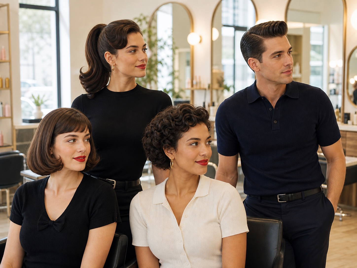 Four modern 50s-inspired hairstyles in a bright salon