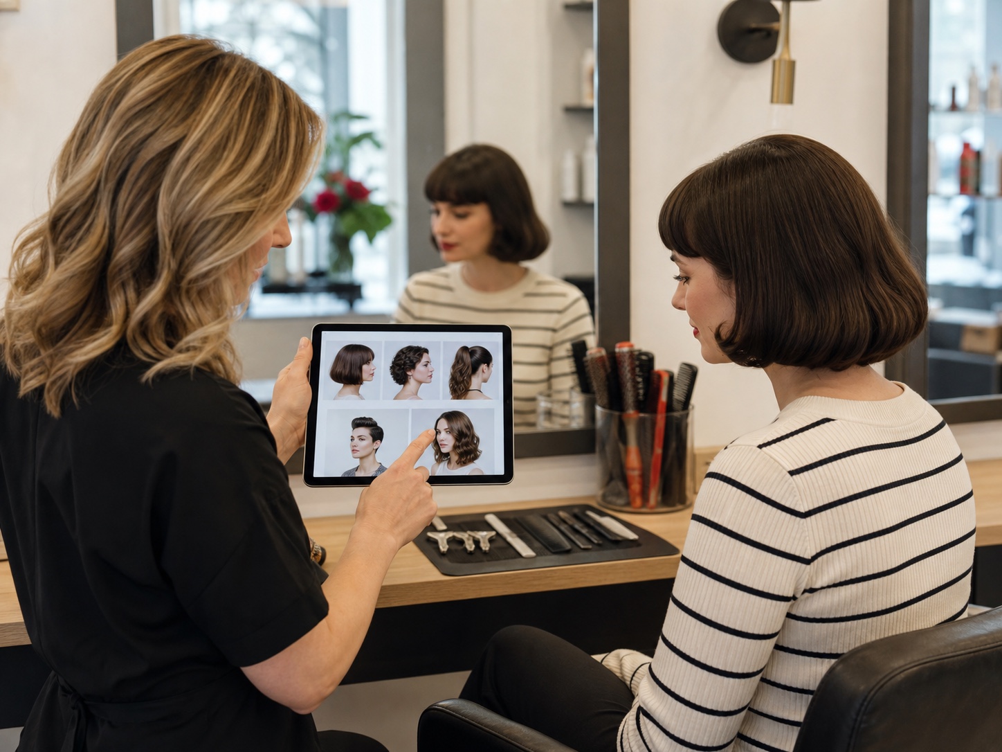 Stylist comparing modern 50s hairstyle directions in a salon consultation