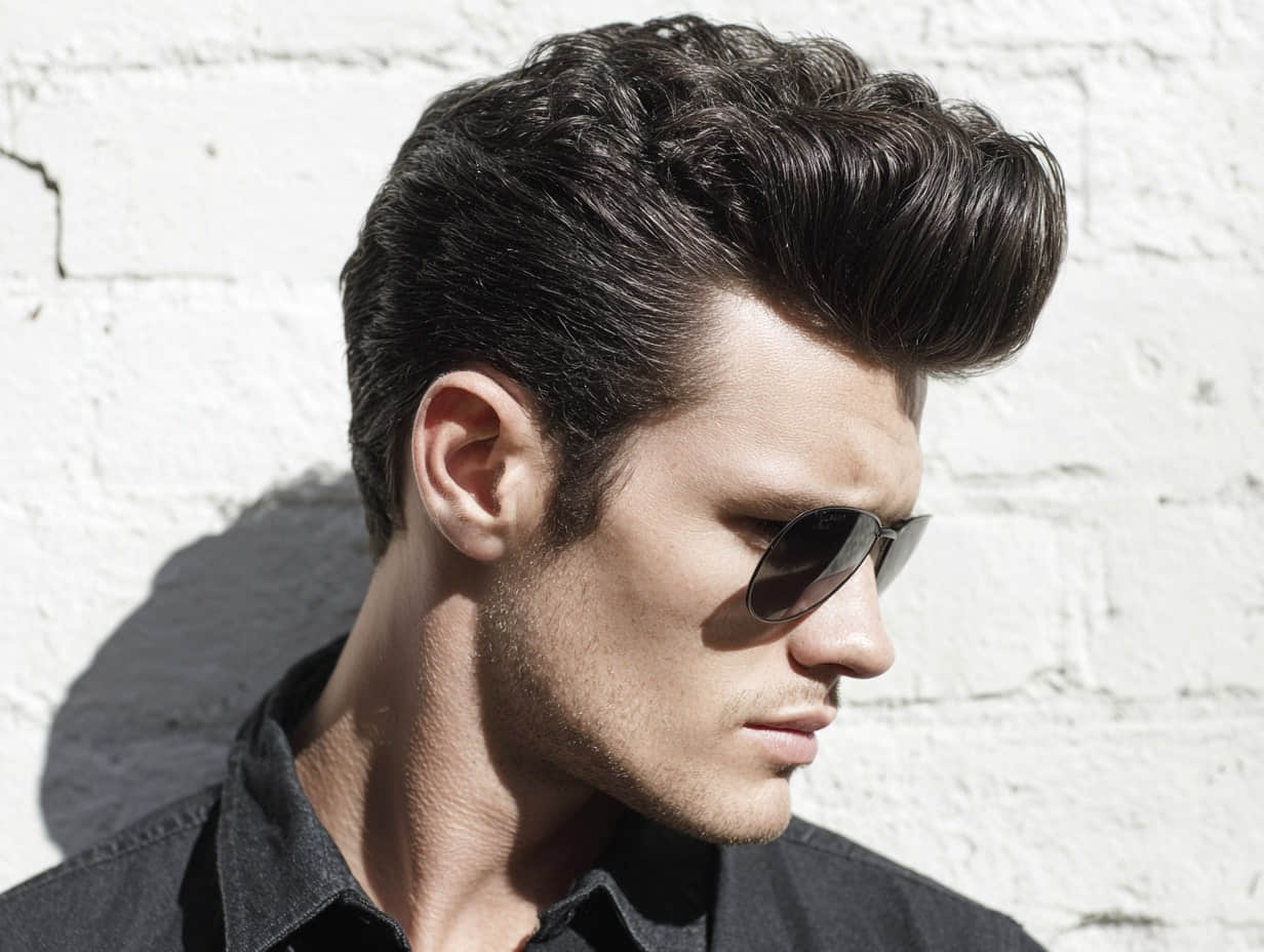a man with an 80s-inspired pompadour, medium height, tapered sides, natural texture