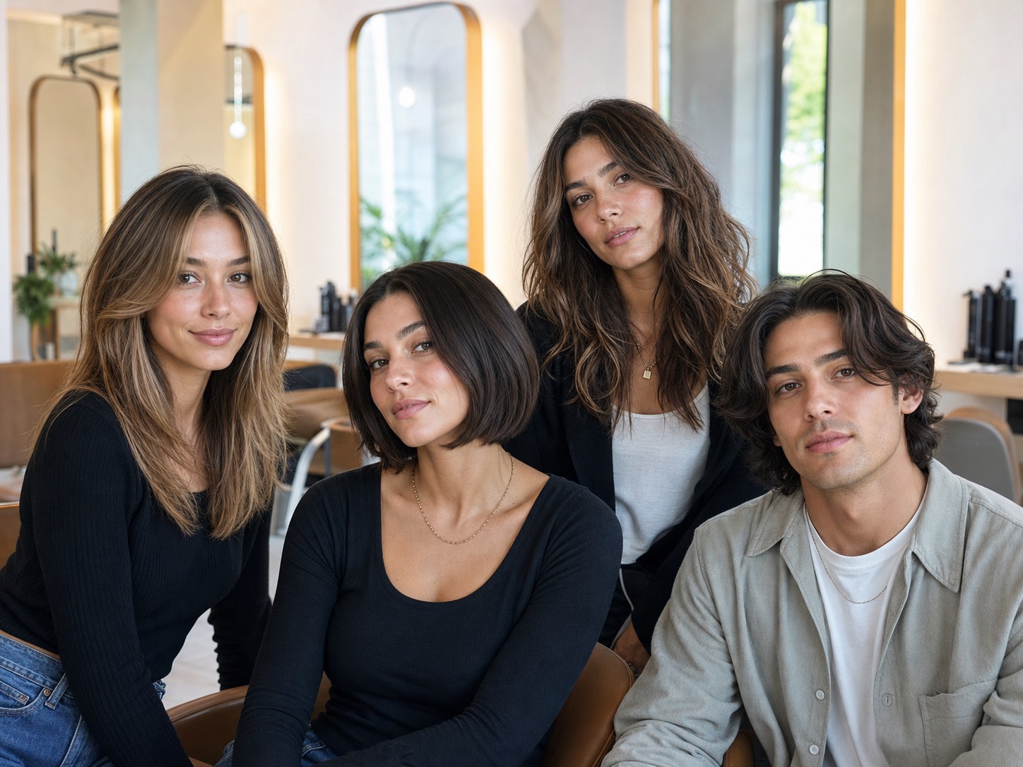 Four modern 90s-inspired hairstyles in a bright salon