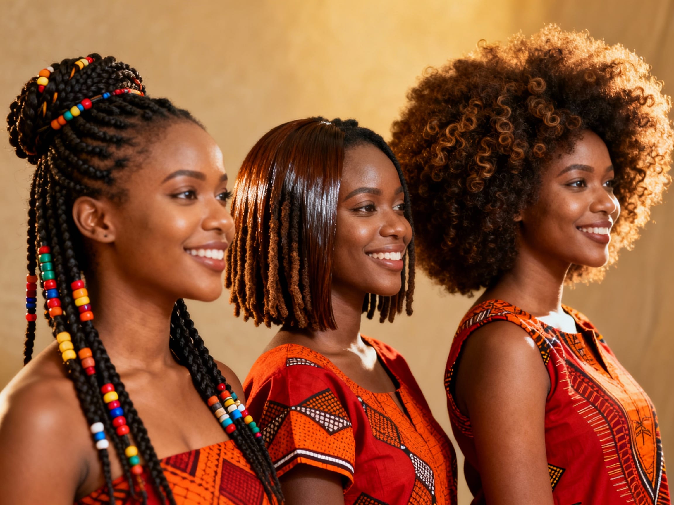 Diverse women showcasing various African hairstyles including braids, locs, and natural afros
