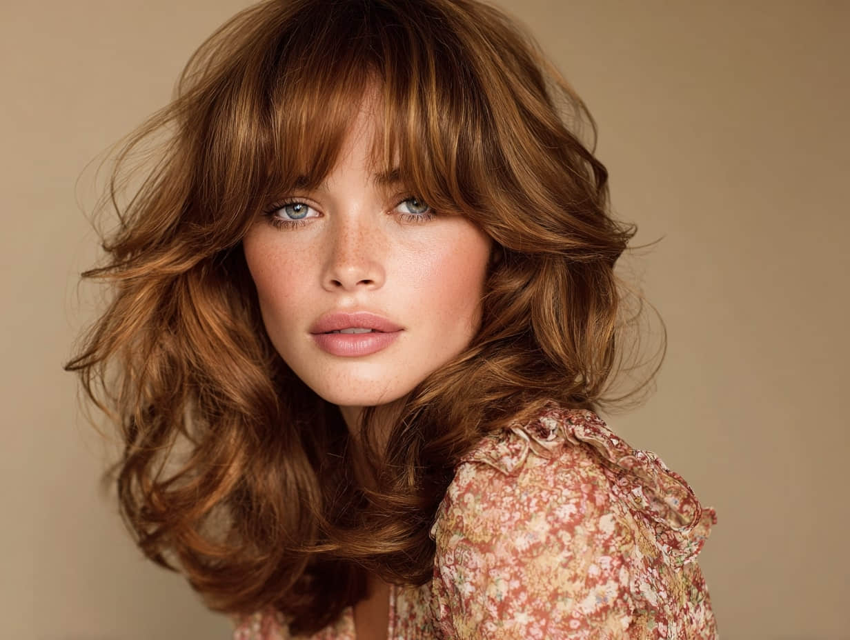 a woman with Bardot bangs and soft face-framing layers, loose volume, modern 1960s inspired