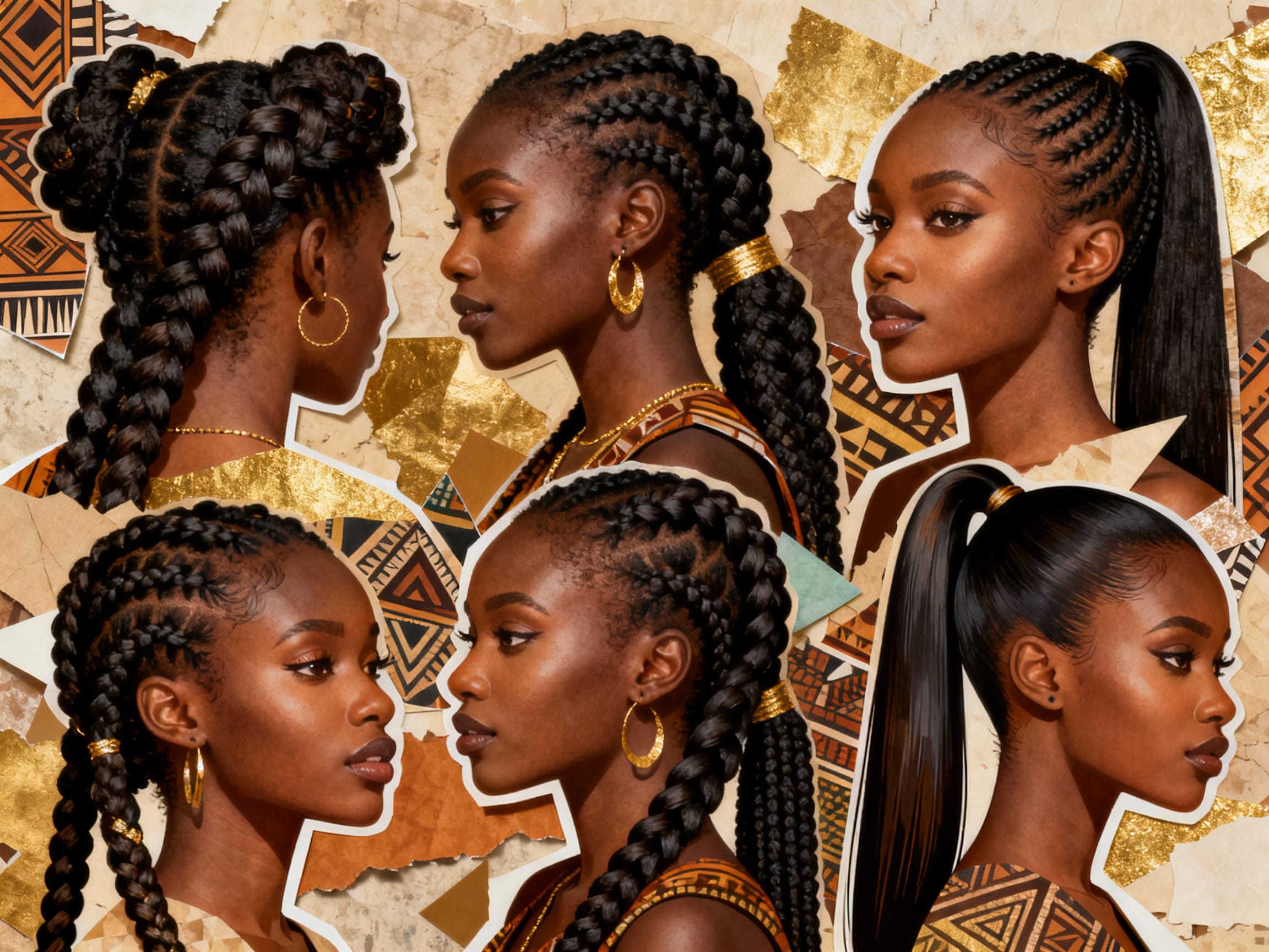 collage of traditional and modern black braided hairstyles