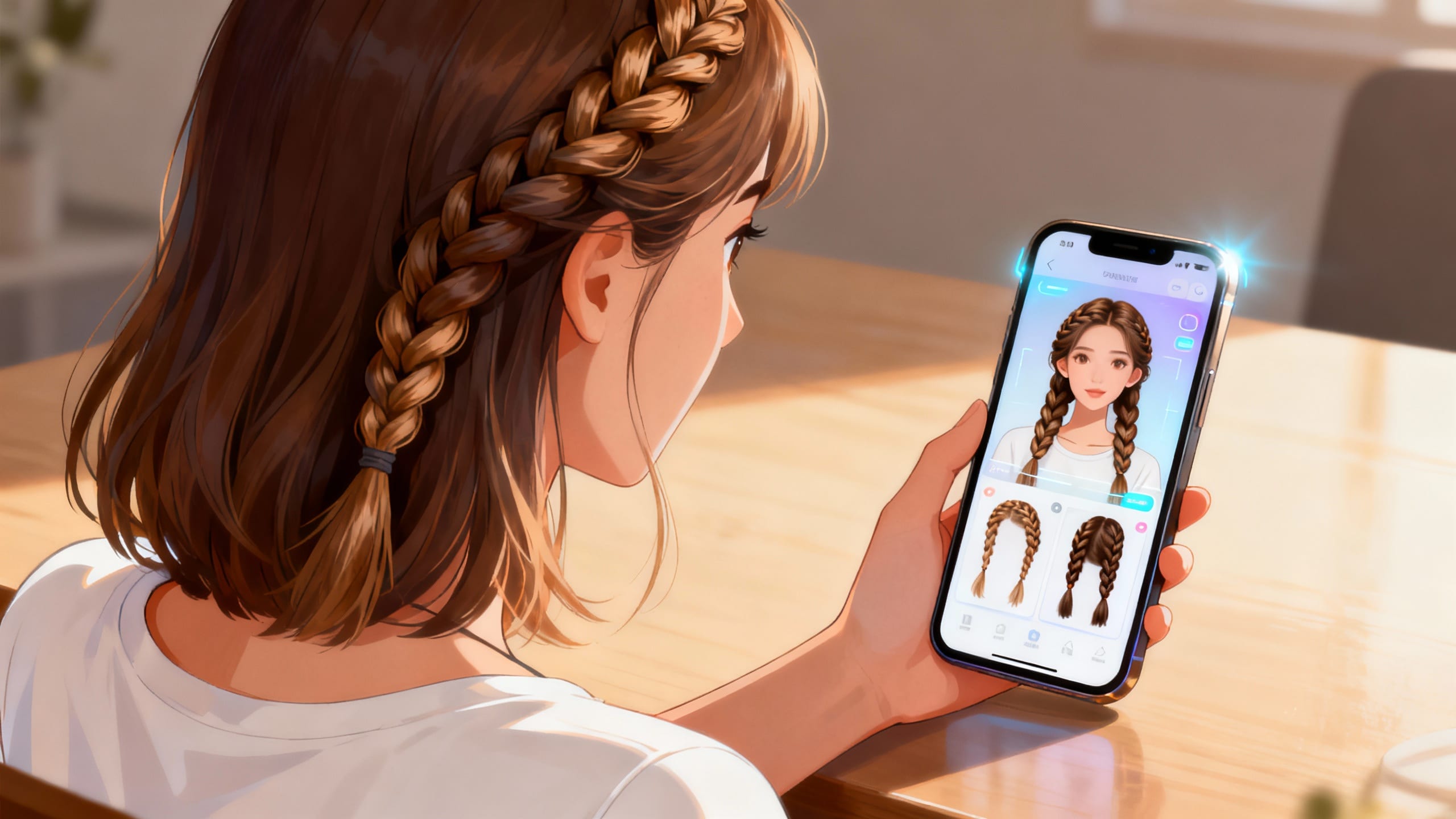 woman trying different braided hairstyles virtually on a phone