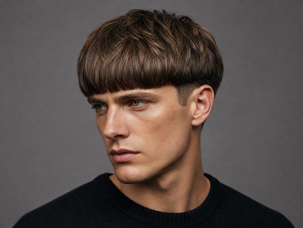 A man with a new wave bowl cut, textured fringe, clean tapered edge, 1980s inspired
