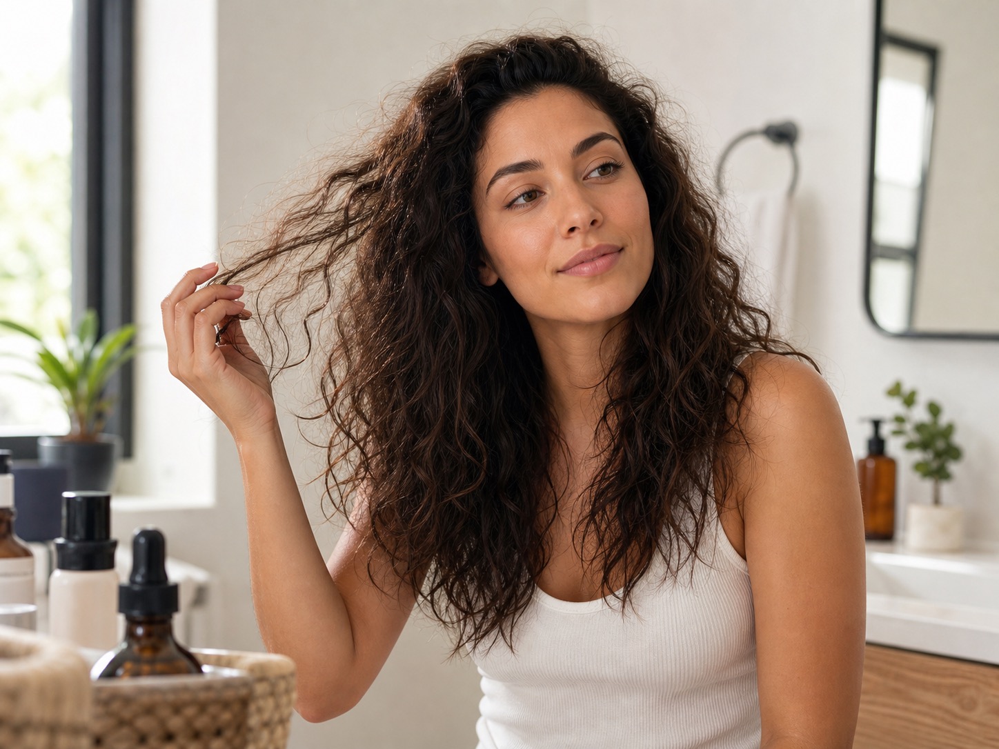 A natural wavy-hair routine scene with soft frizz control and healthy texture