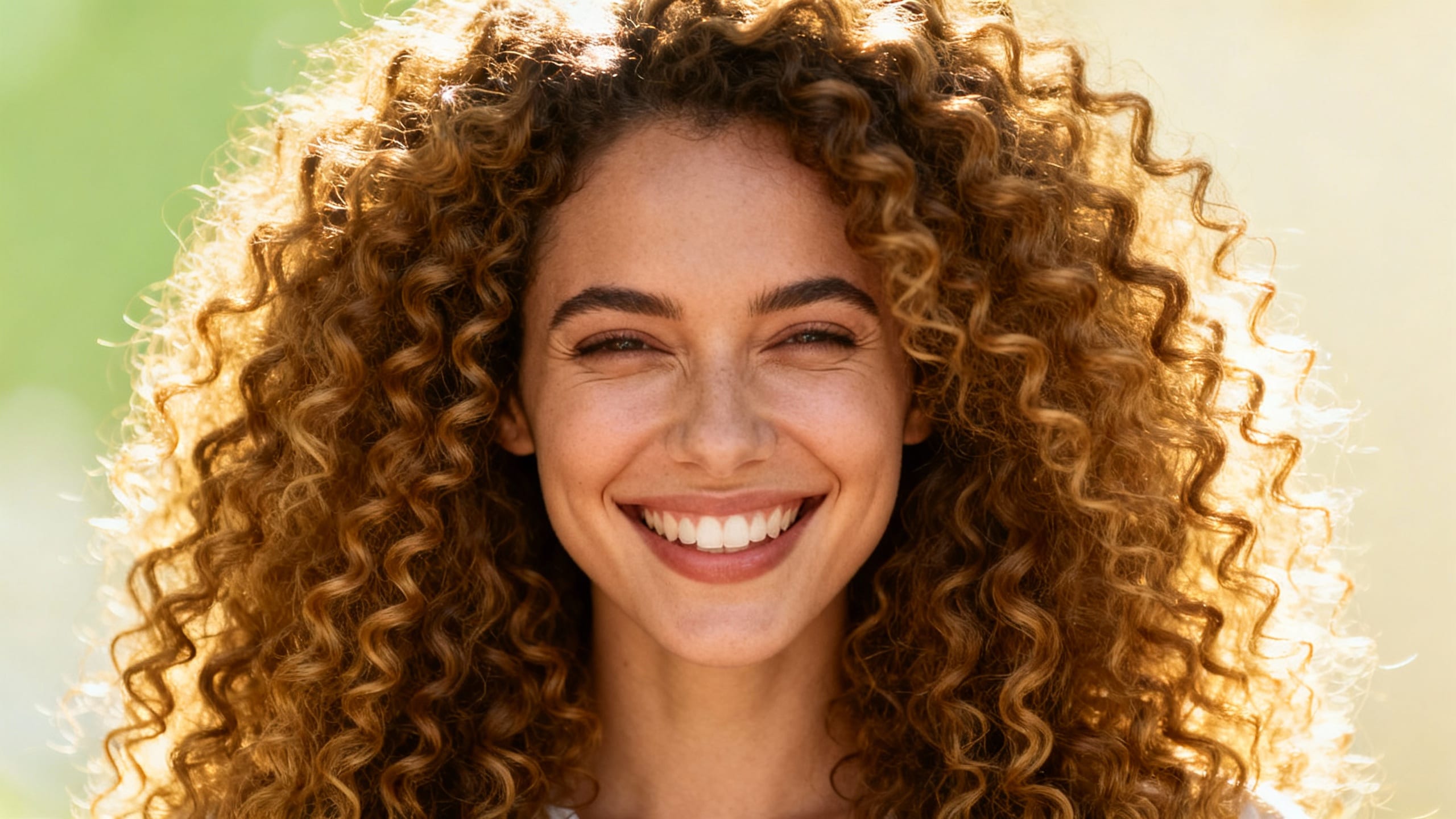 woman with voluminous, defined curly hair smiling
