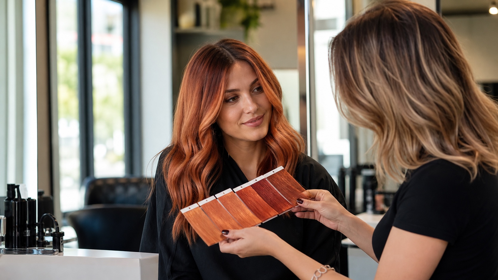 Dimensional copper hair color in a salon consultation setting