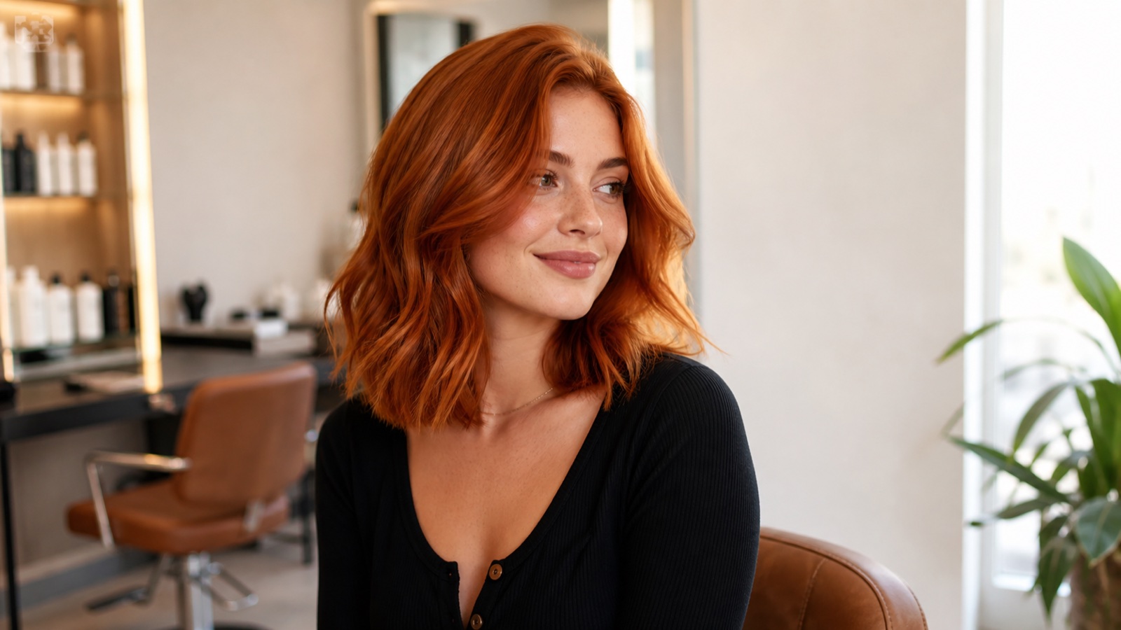 Dimensional copper hair color in a salon consultation setting