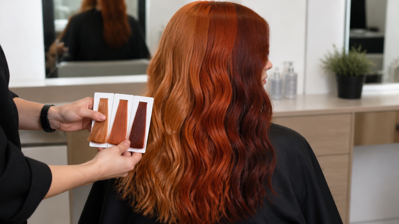 Salon comparison of soft, true, and auburn copper hair shade options