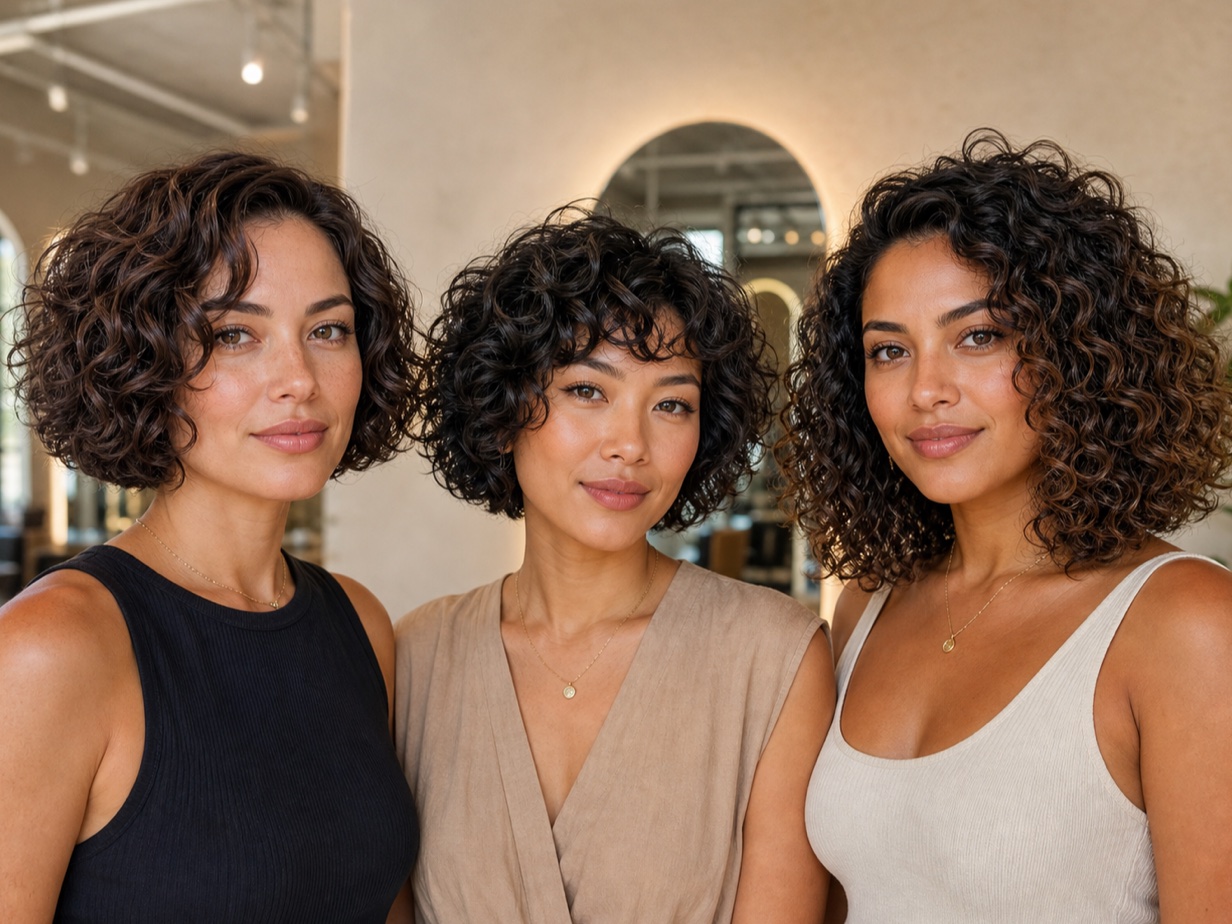 Three wearable curly bob silhouettes in a salon setting