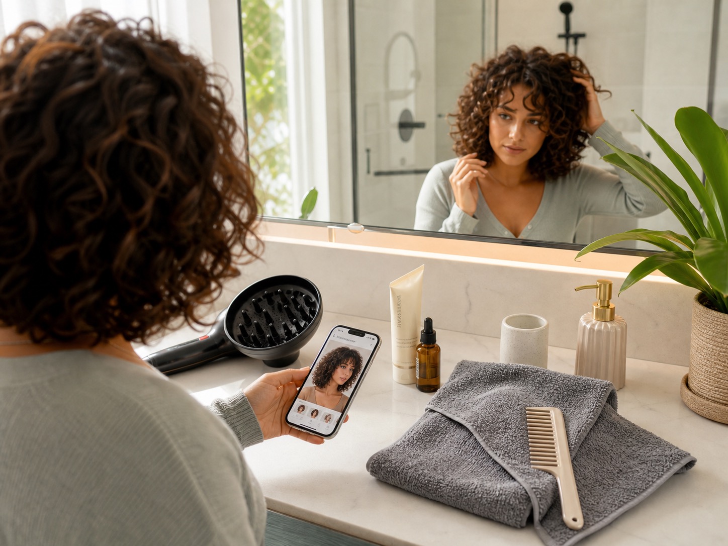 Curly hair routine setup with diffuser, microfiber towel, curl cream, and HairWow preview
