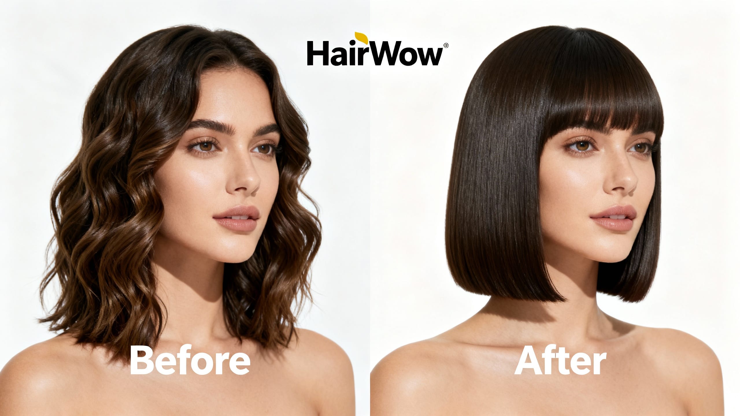 side-by-side mockup of HairWow showing a before and after trying on an easy bob style