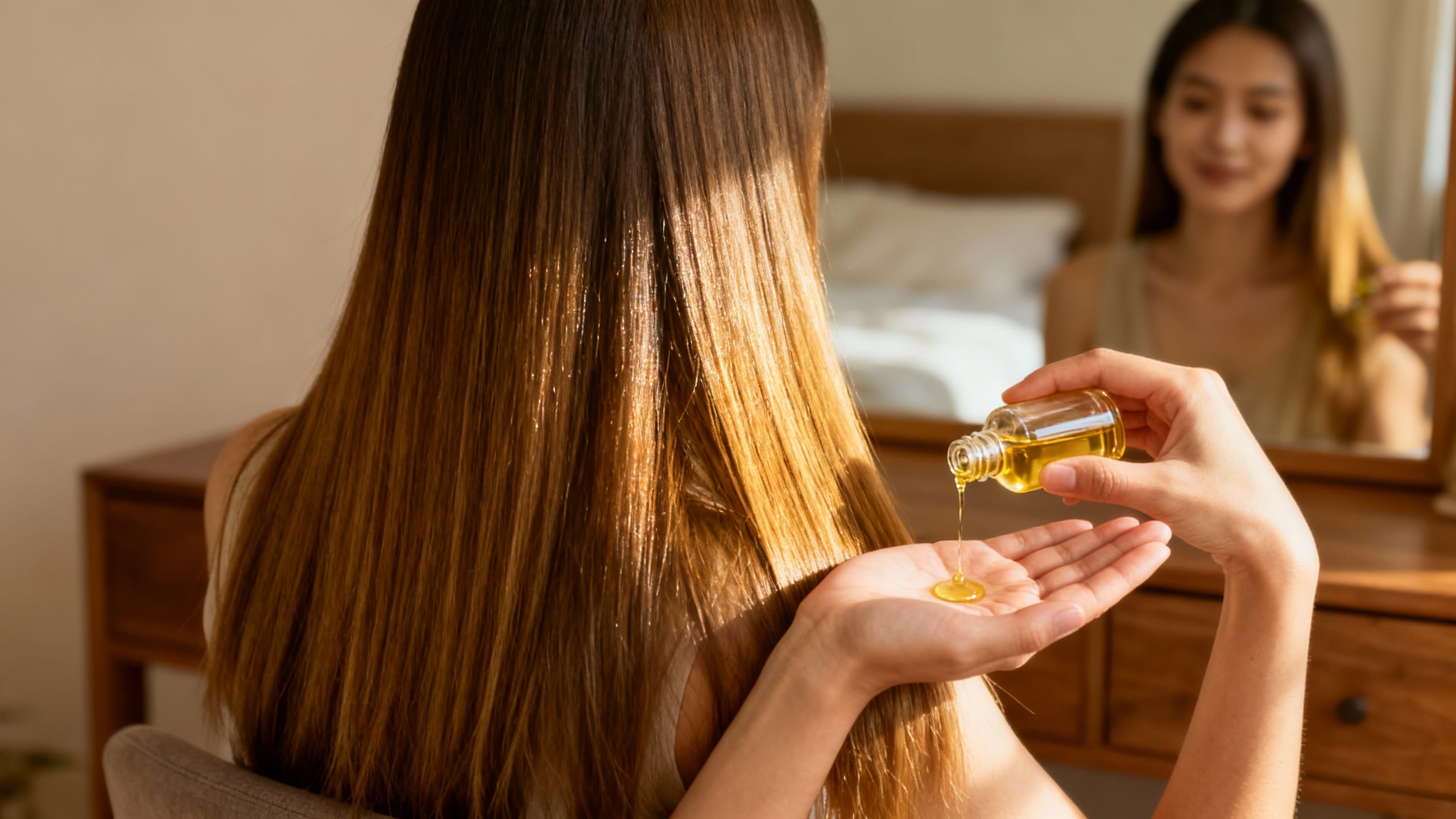 person applying hair oil to long straight hair