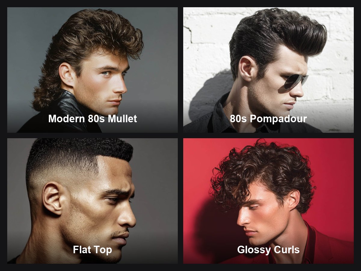 Eighties men's hairstyles shown as a 4 style board
