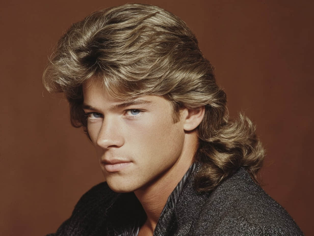 a man with feathered layered hair, side part, airy movement, 1980s inspired