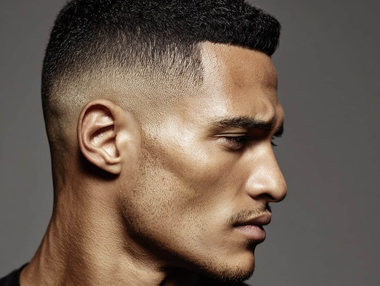 a man with a flat top haircut, crisp square silhouette, clean faded sides