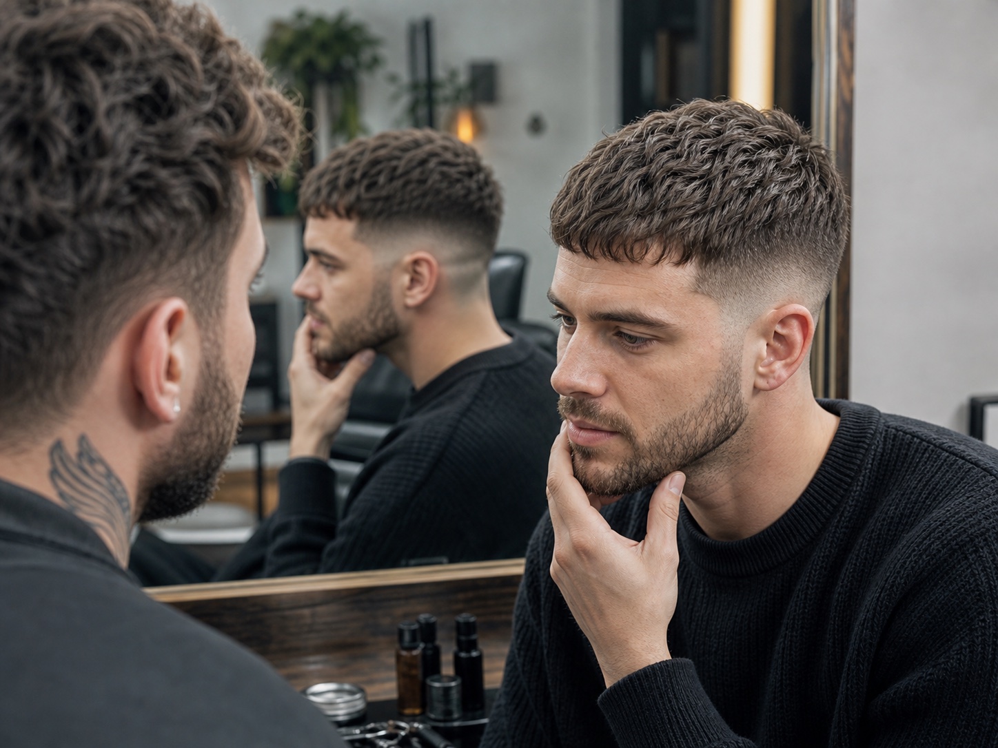 Modern French crop haircut consultation with short fringe and tapered sides
