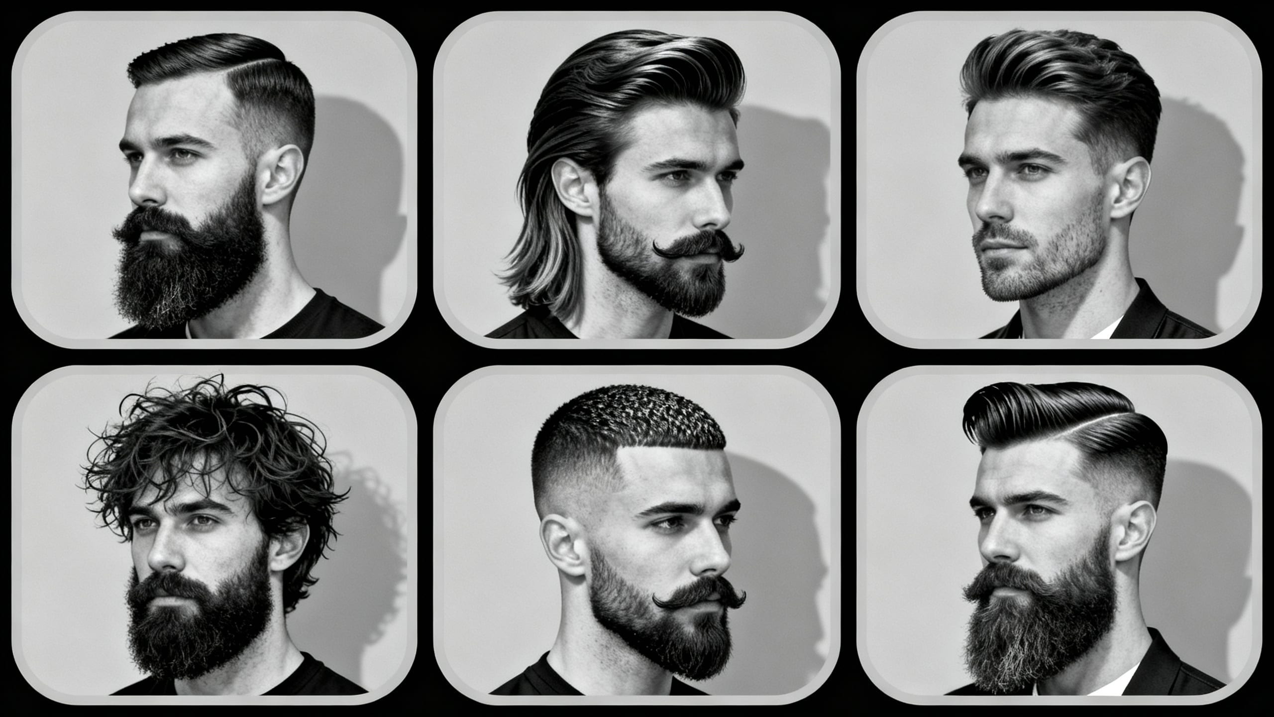 a collage of various gentleman haircut styles with different beard options