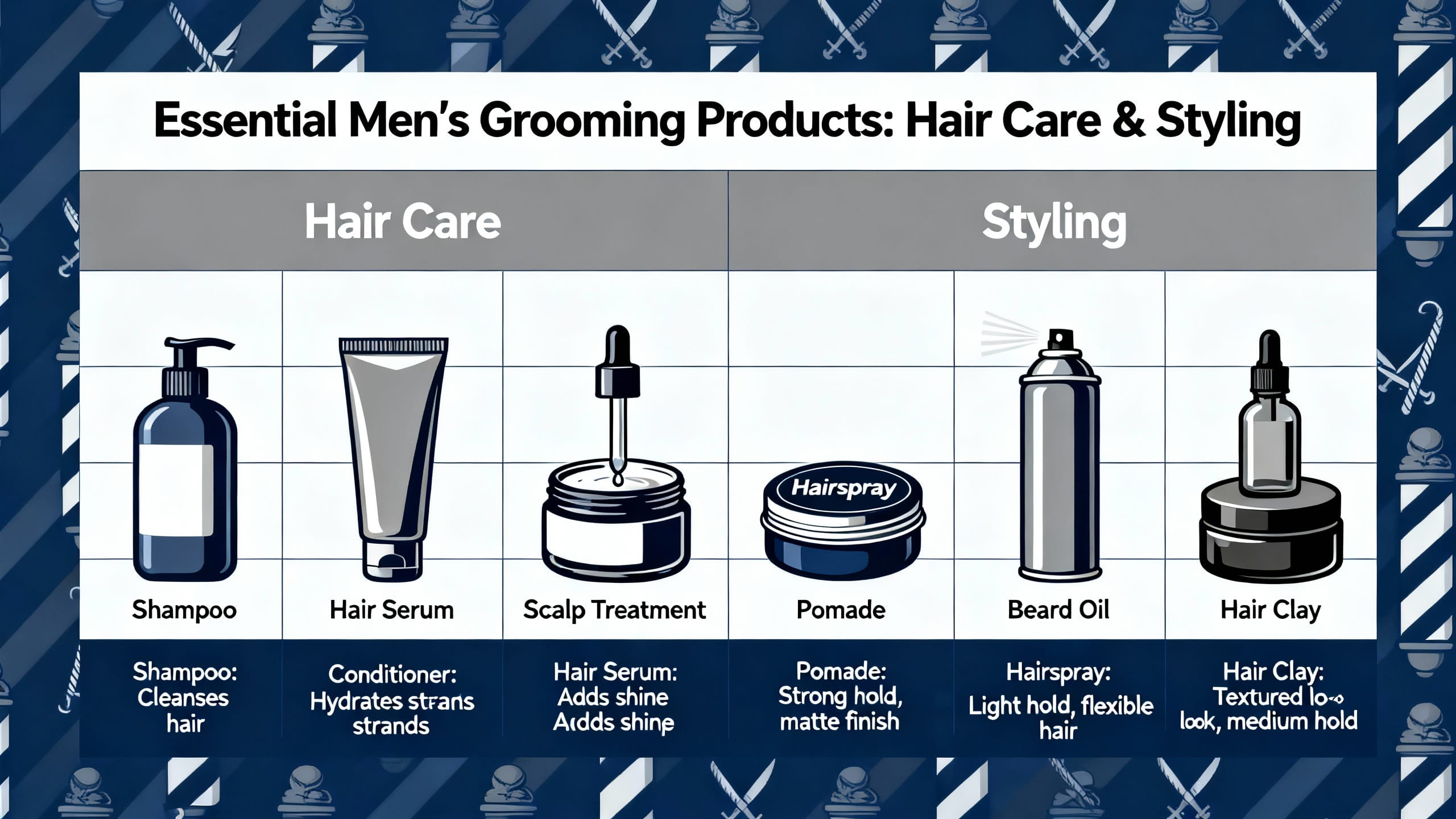 an infographic showing essential men's grooming products for hair care and styling