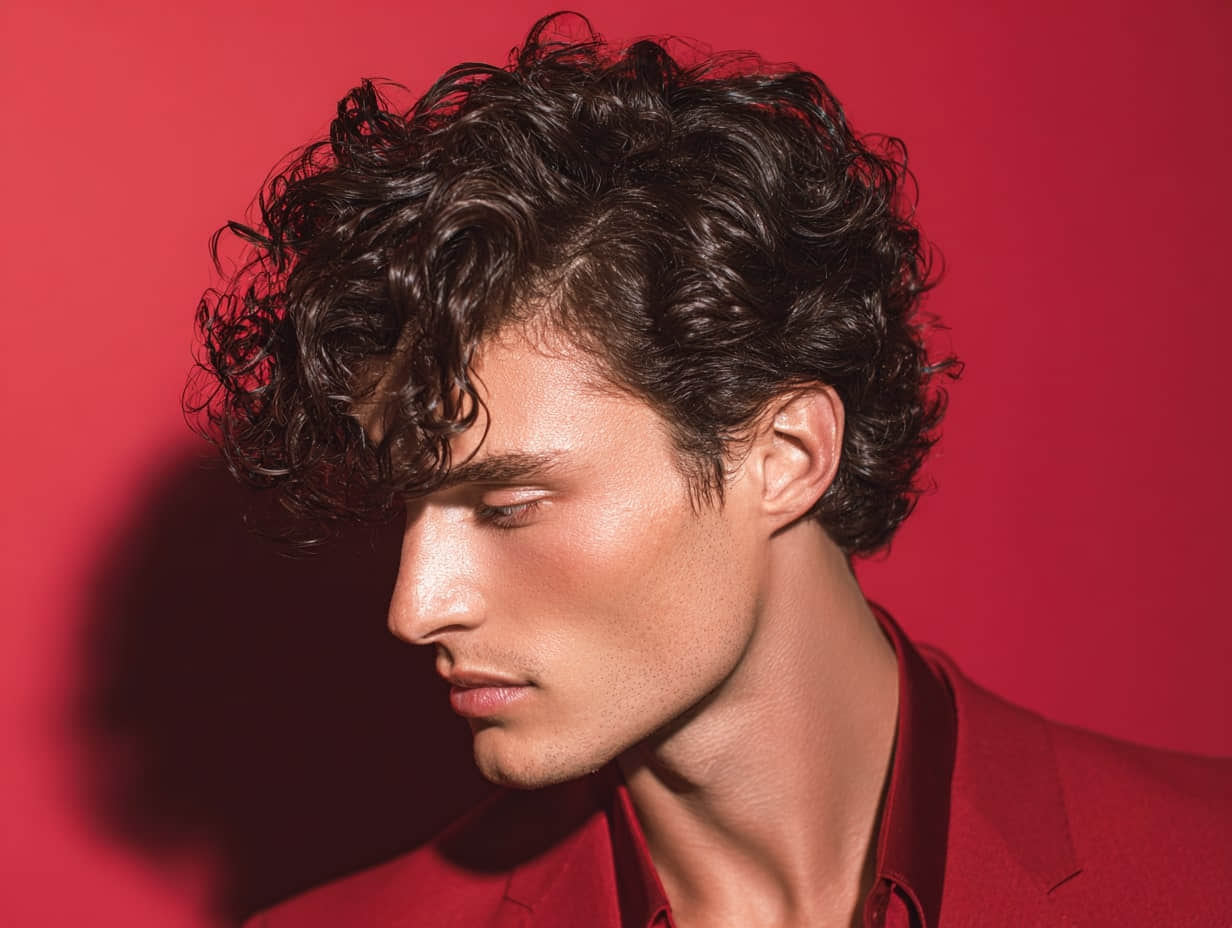 a man with glossy defined curls, medium length on top, clean low taper, 1980s inspired