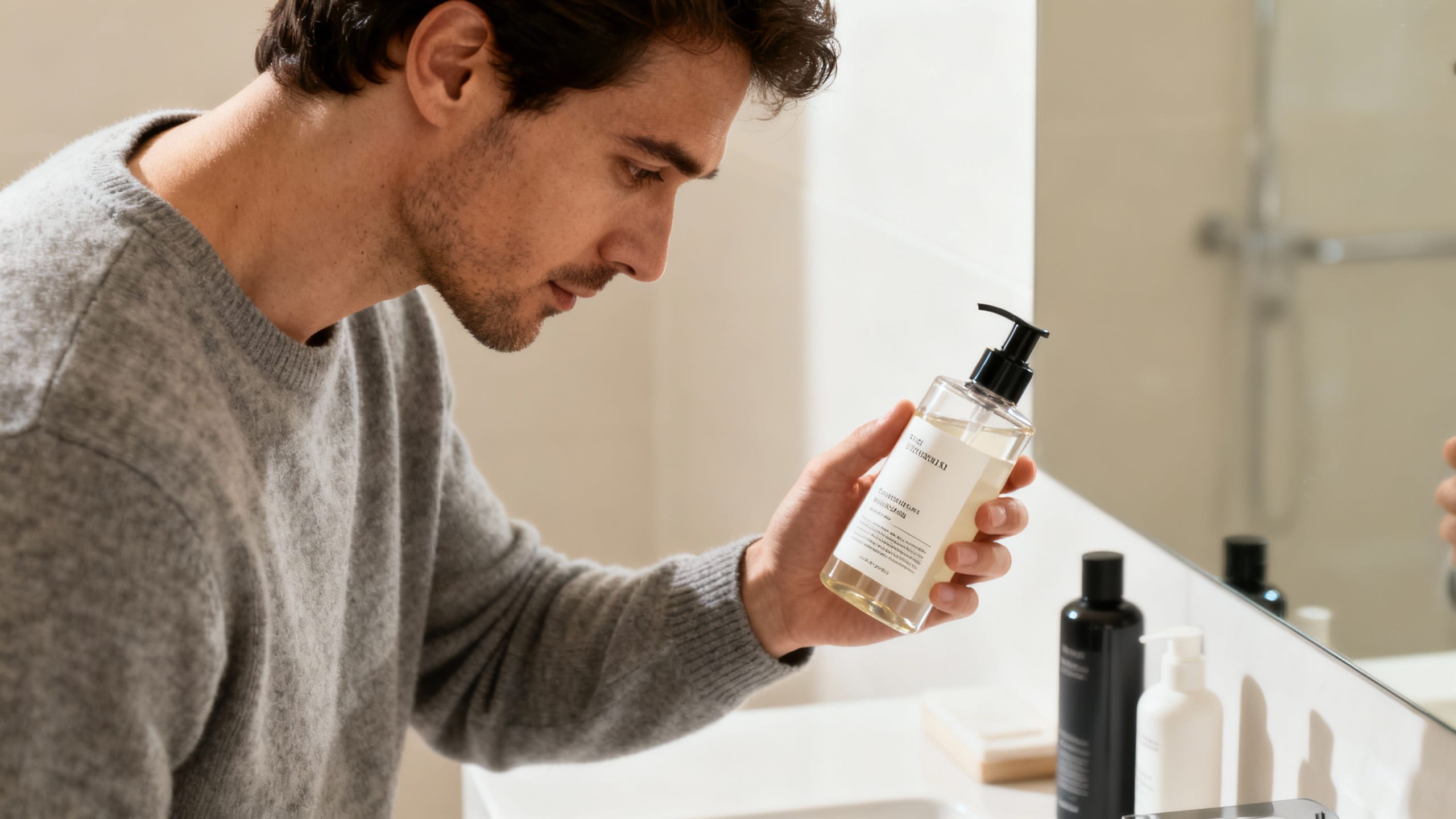 man looking at hair care products