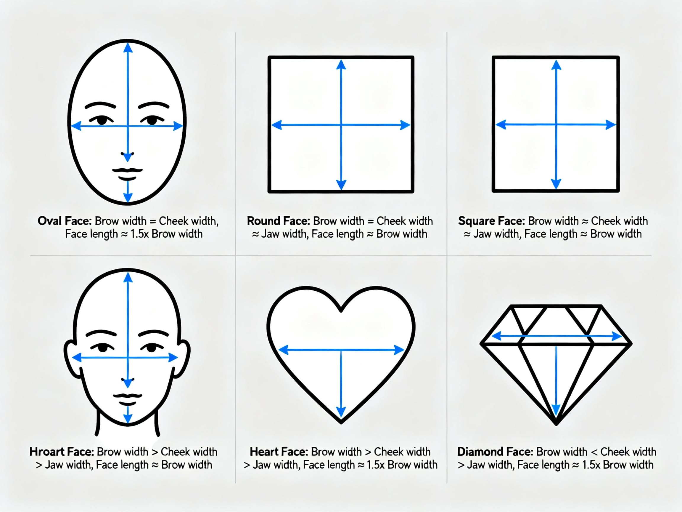illustrations of different face shapes with measurements