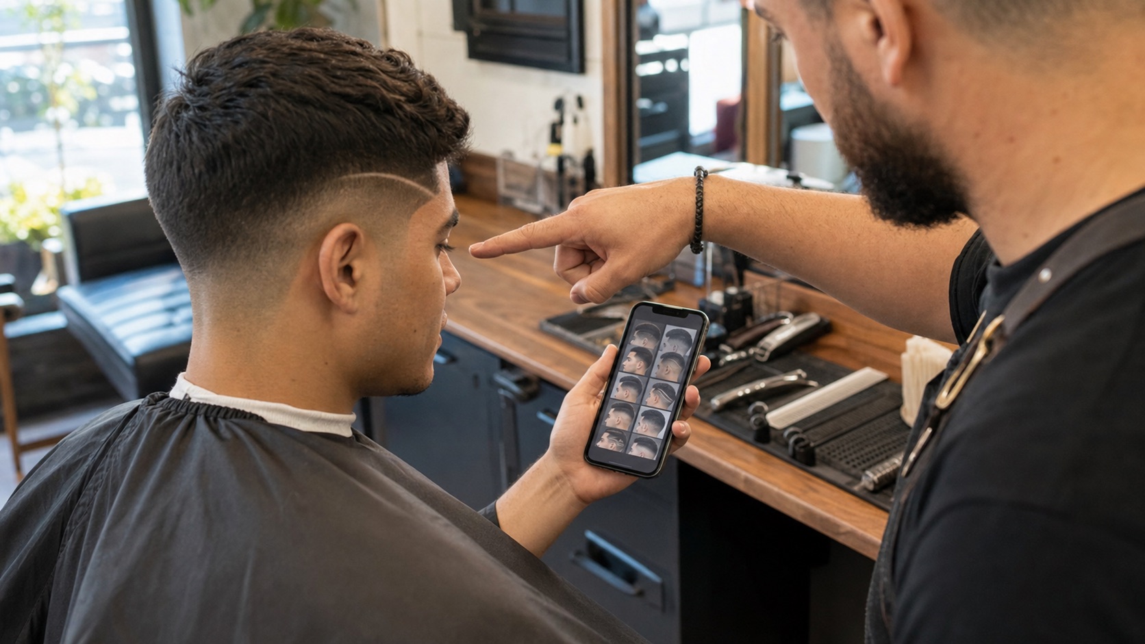 Barber consultation for line placement before the haircut