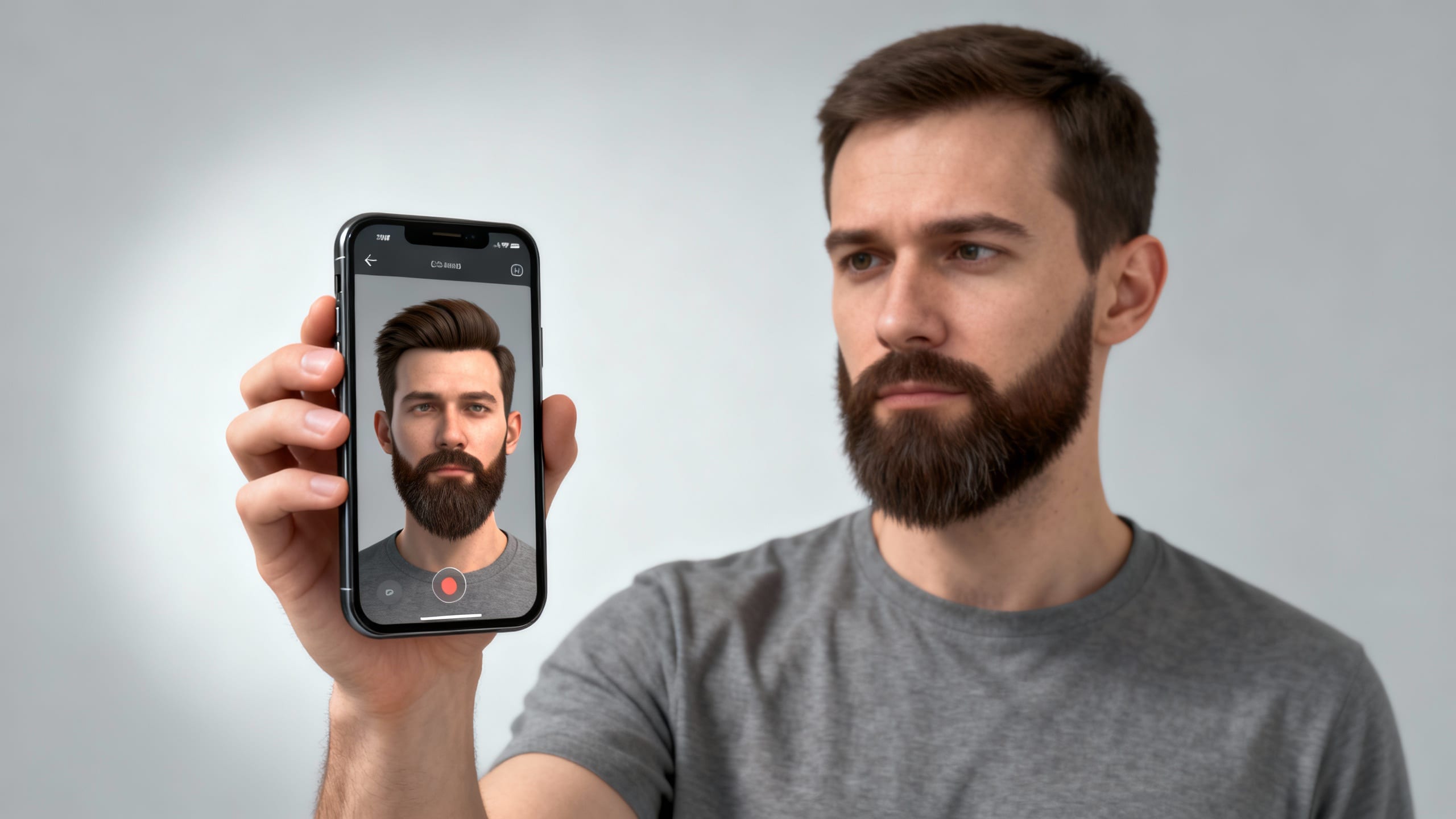 a man using a virtual try-on app for beard styles