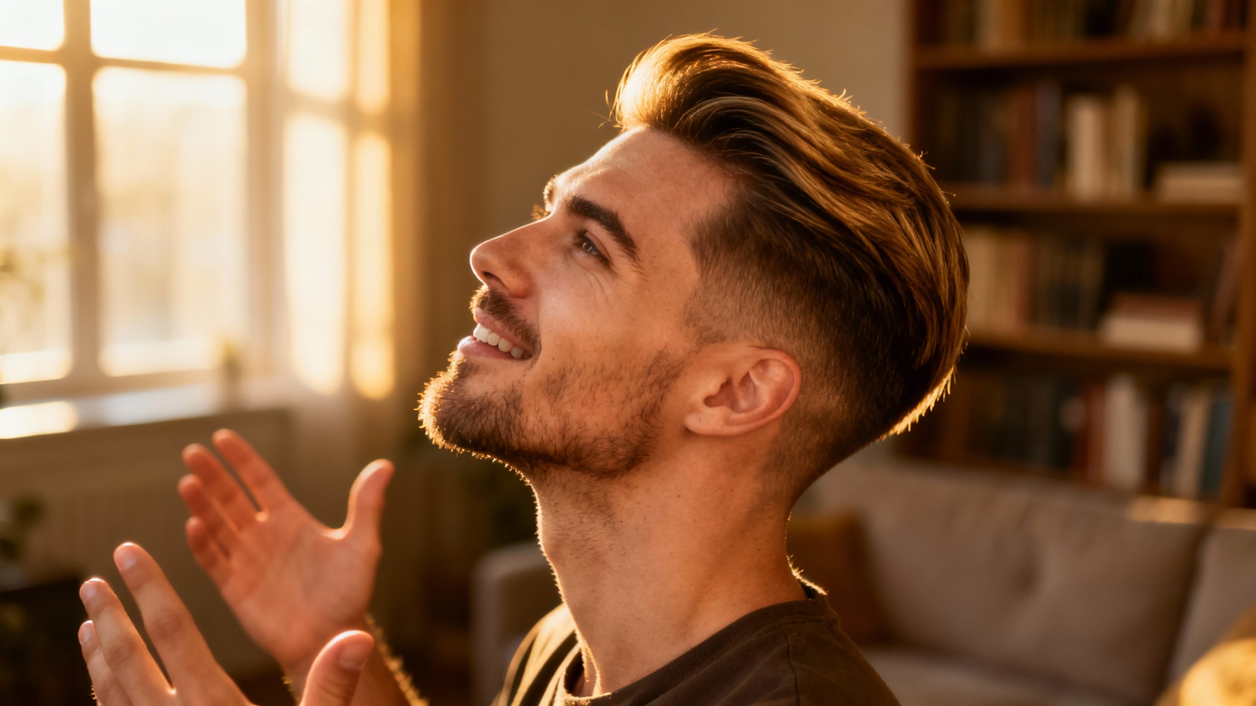 man confidently showing off his new haircut