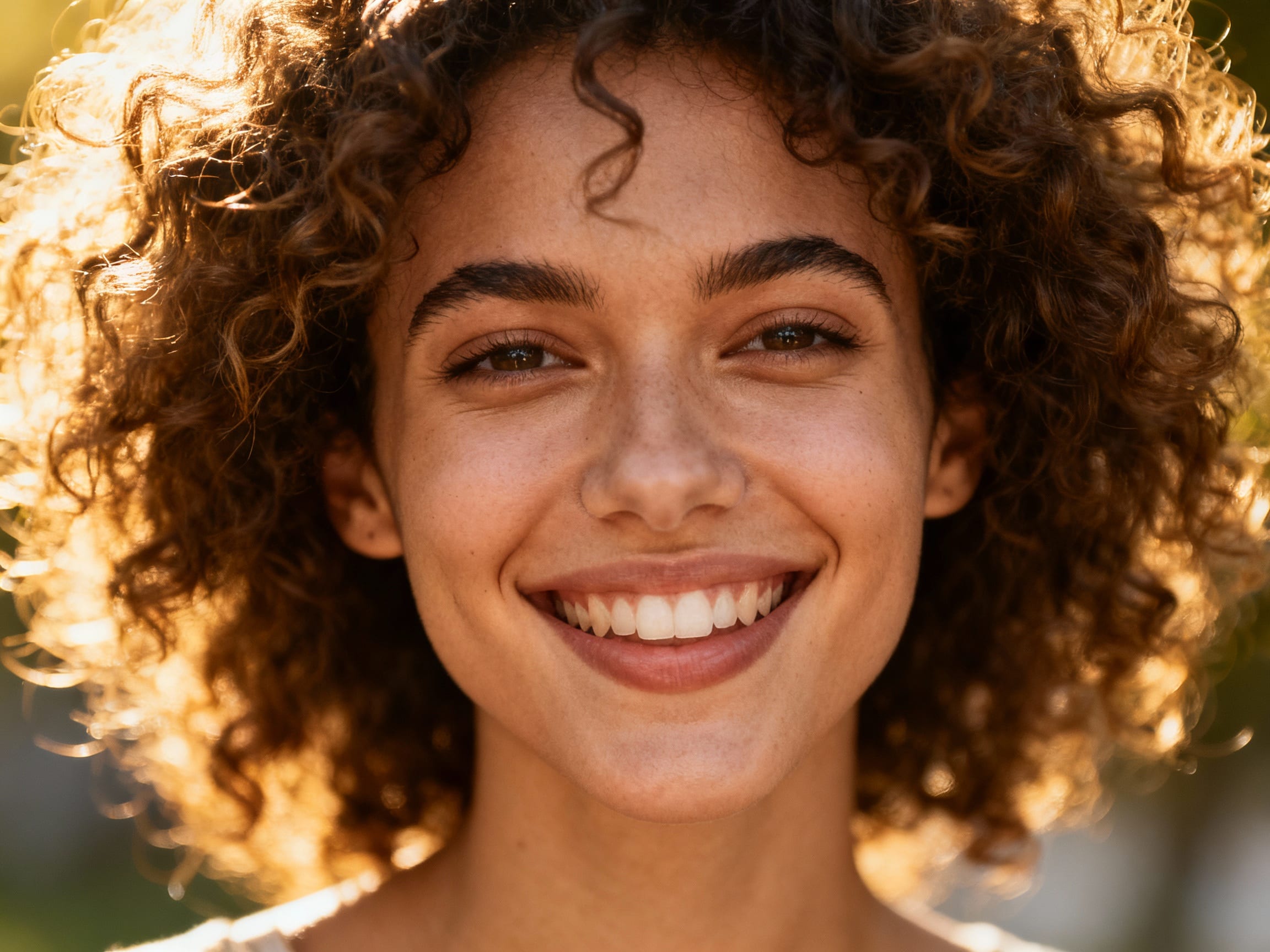 person with voluminous hair smiling
