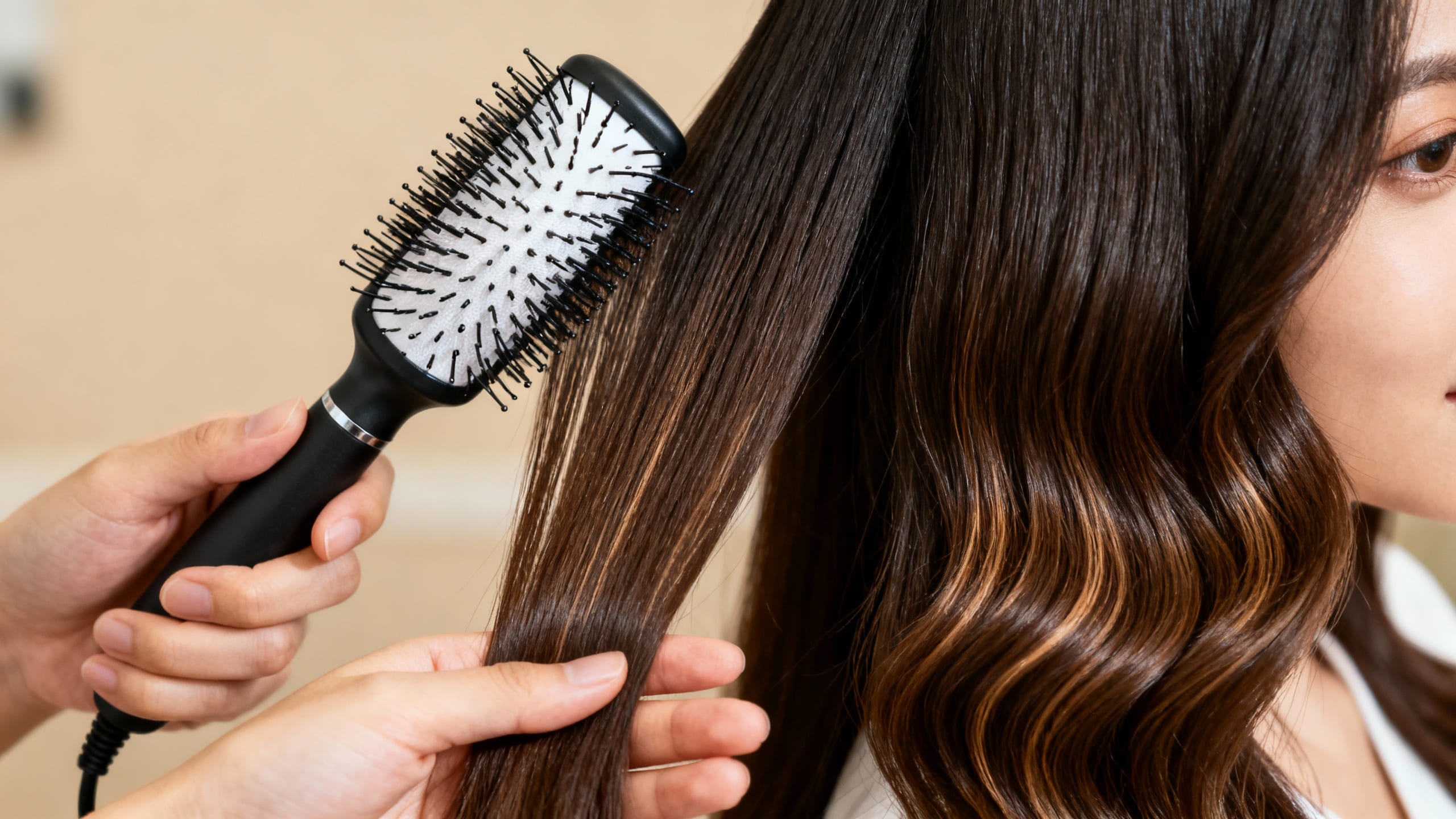 person using a round brush to style hair