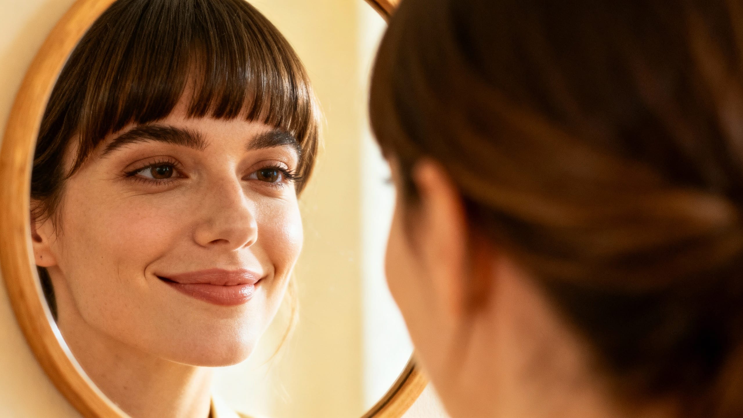 woman confidently looking at her reflection with new bangs