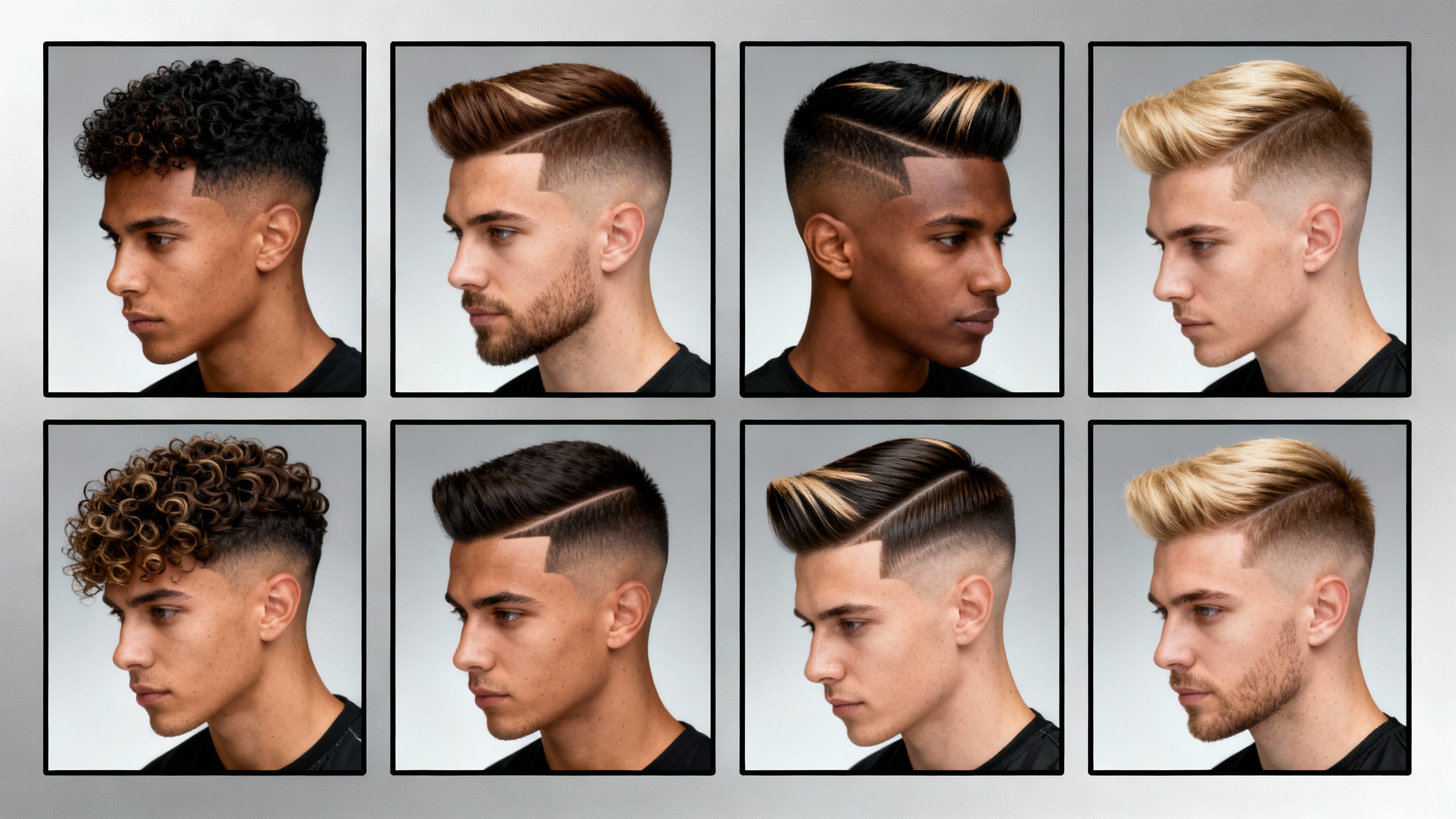 collage of diverse fade haircuts with different textures and designs