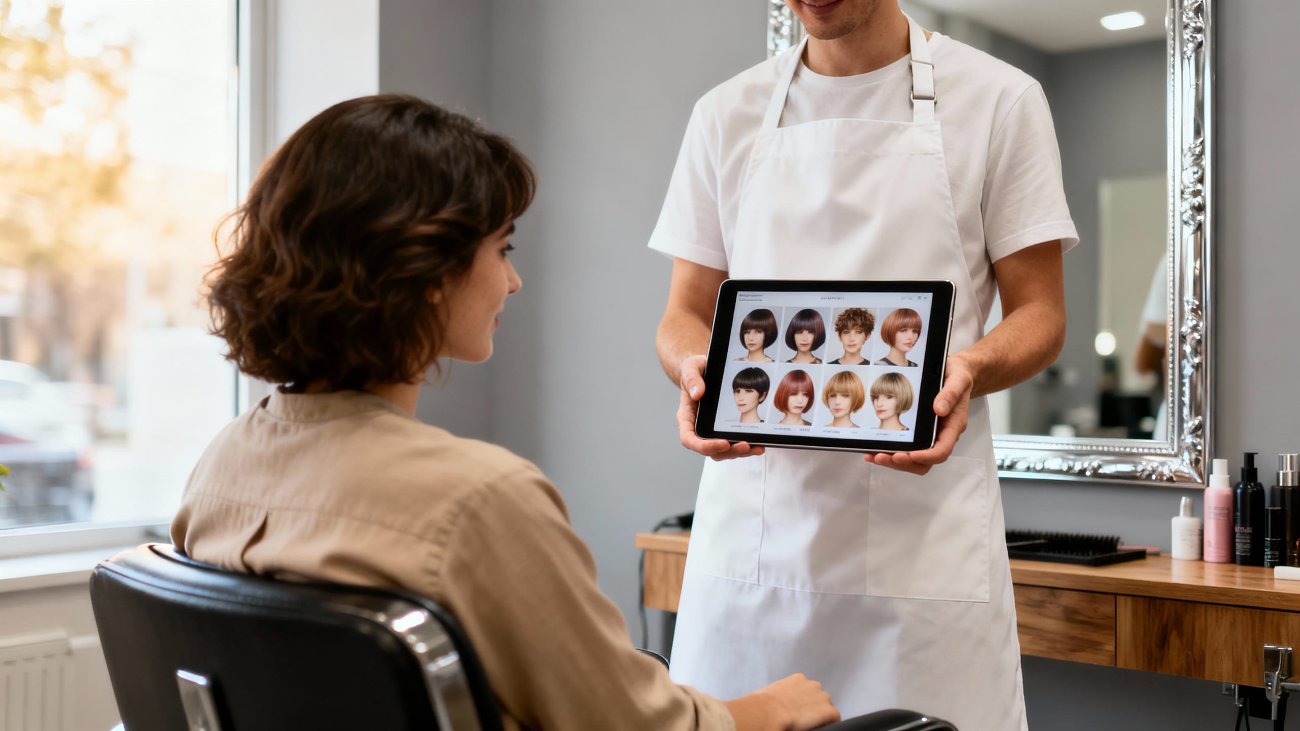 stylist showing client a tablet with hairstyle options