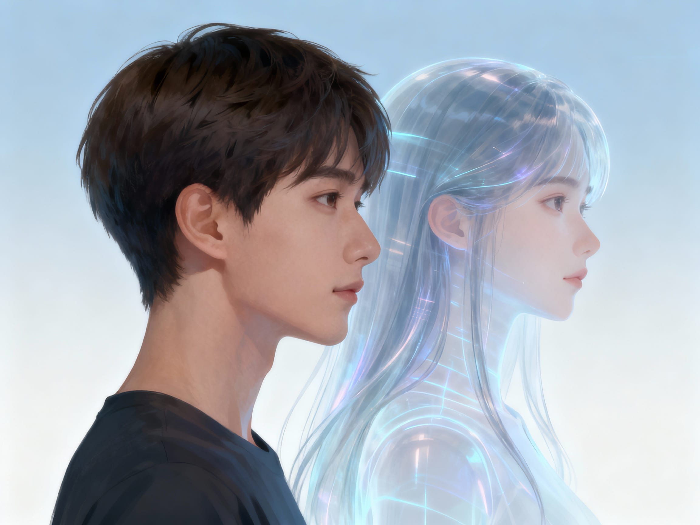 person with short hair side-by-side with virtual long hair