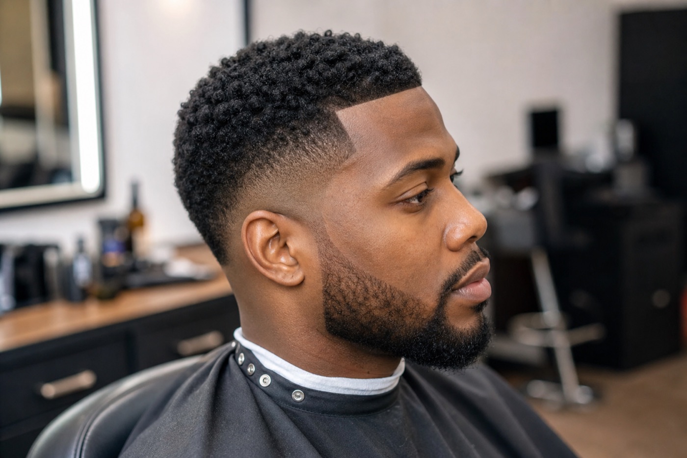 Side angle reference of a low taper fade with curls and beard blend
