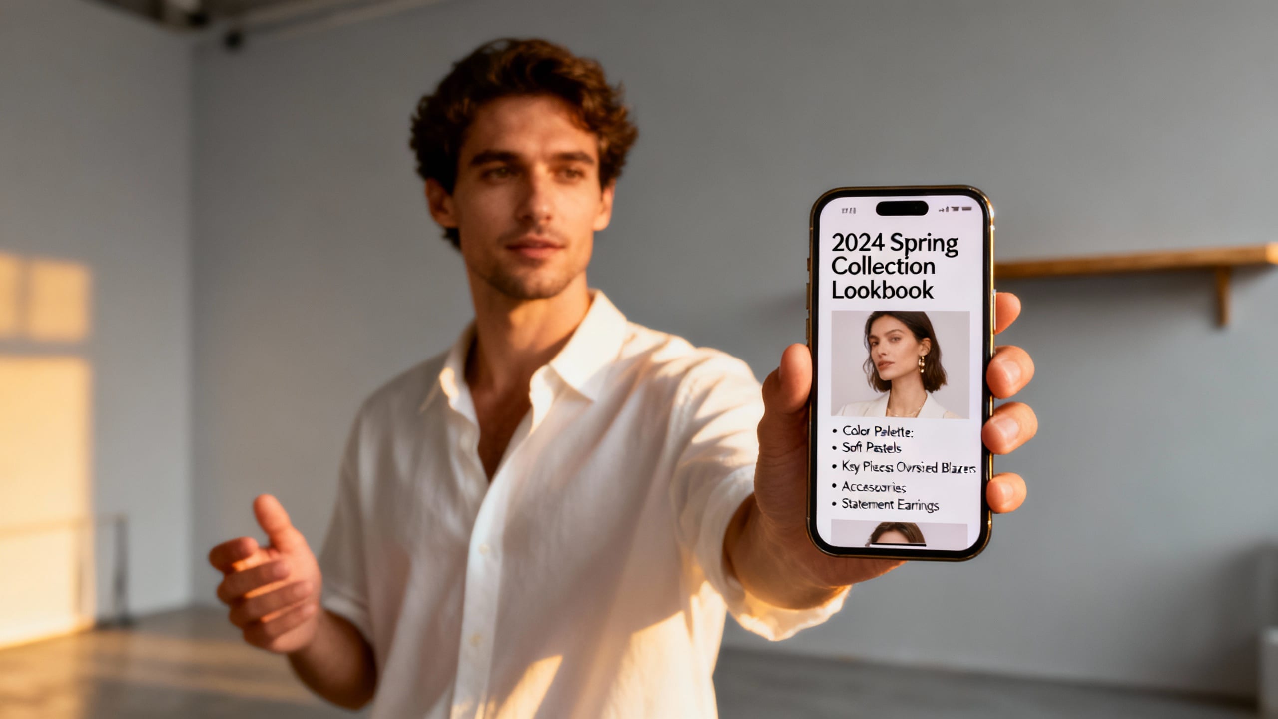 man showing stylist brief on phone