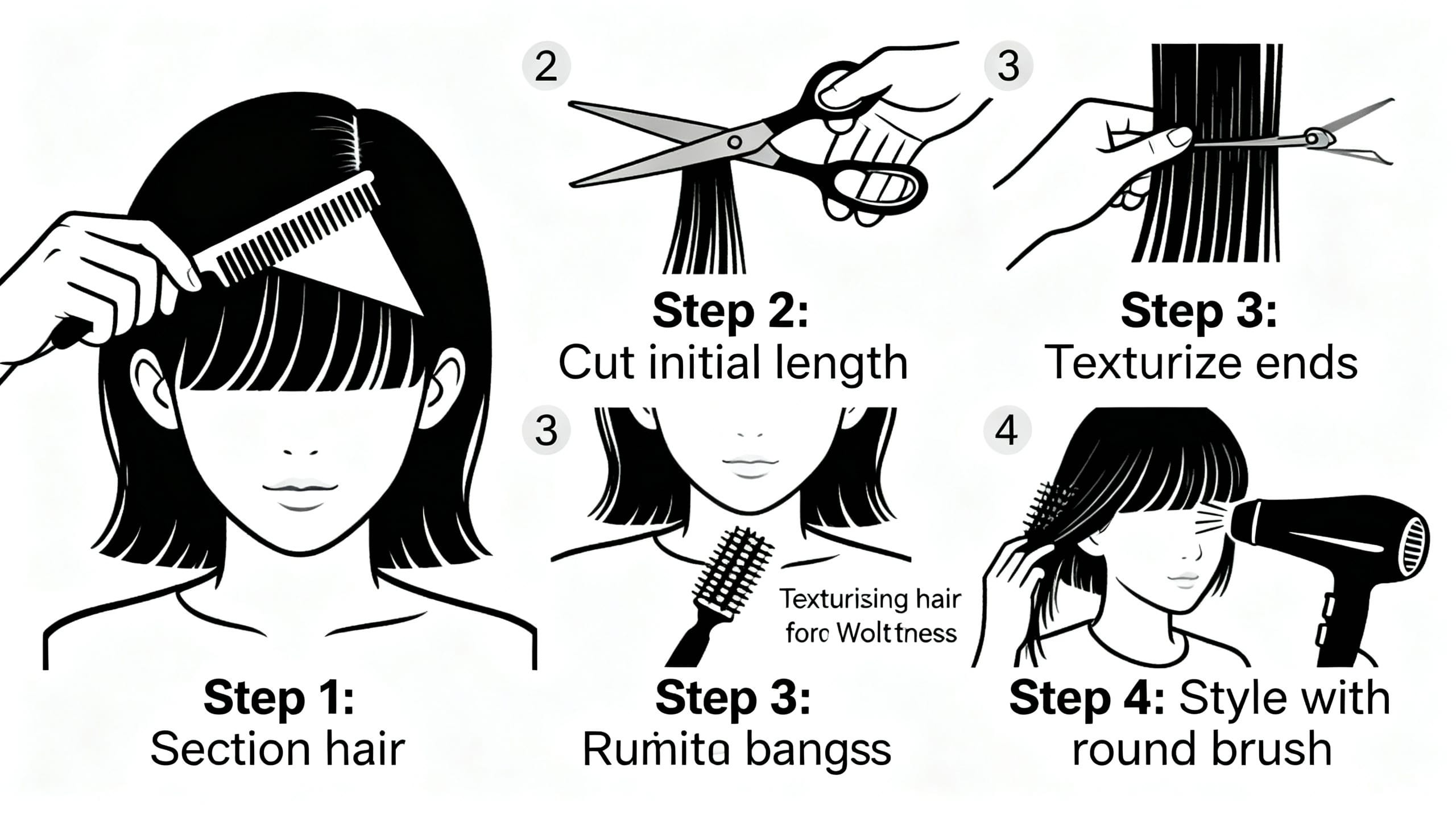step-by-step graphic for styling curtain bangs