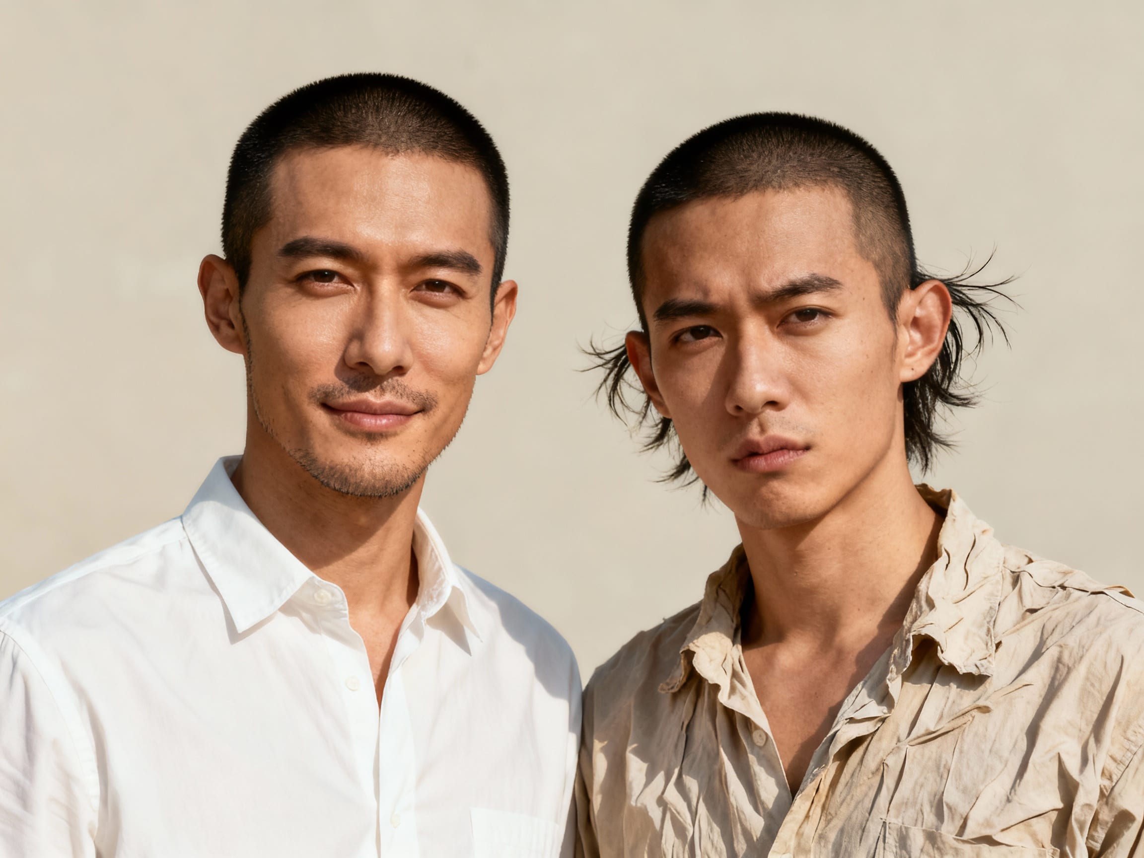 Two men with the same haircut, one looking great, the other looking mismatched