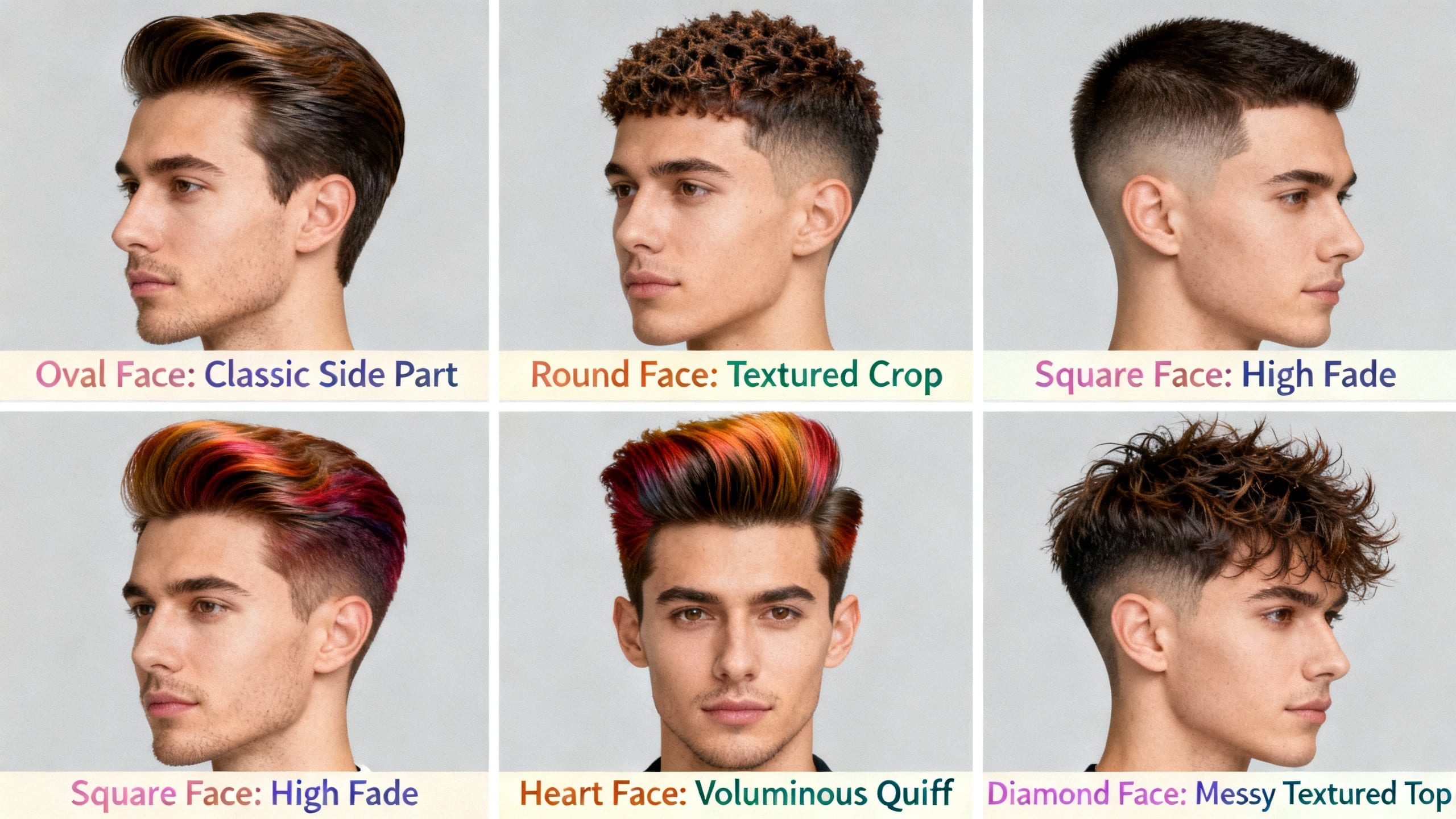 Collage of different male hairstyles labeled for face shapes