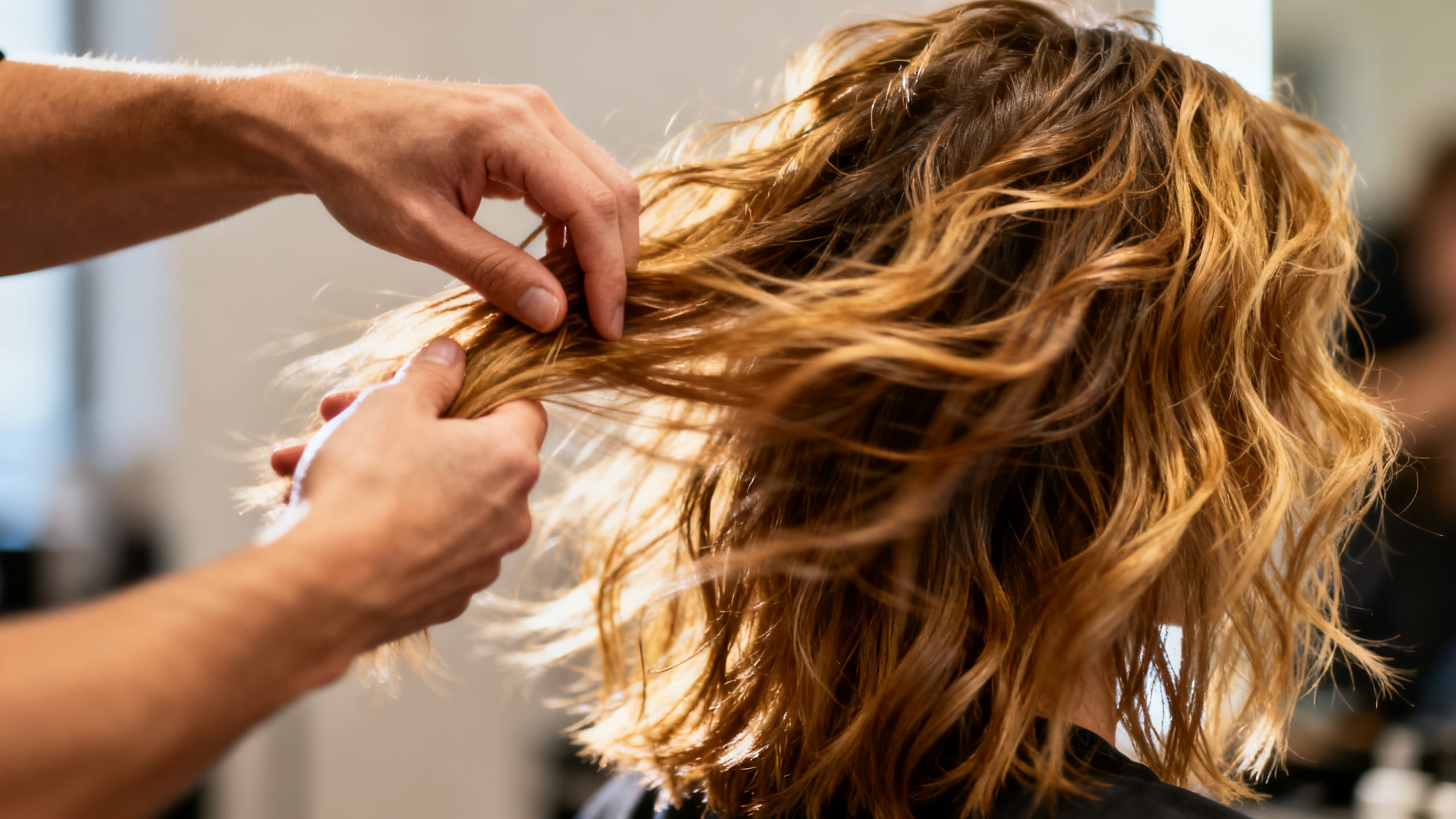 person expertly styling messy shoulder-length hair, showing movement