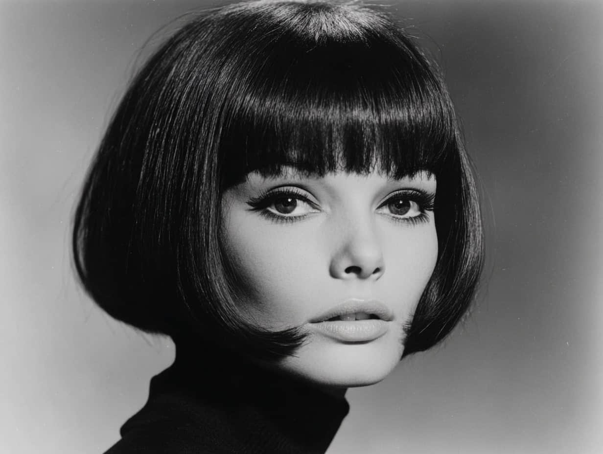 a woman with a sleek mod bob, straight across fringe, slight bevel at the ends, 1960s fashion vibe