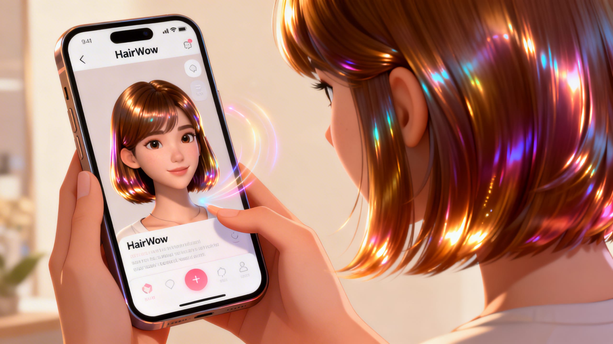 person using HairWow app to virtually try on new shiny hairstyle