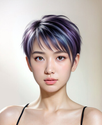 Blue-purple pixie crop preview for testing a bold short haircut