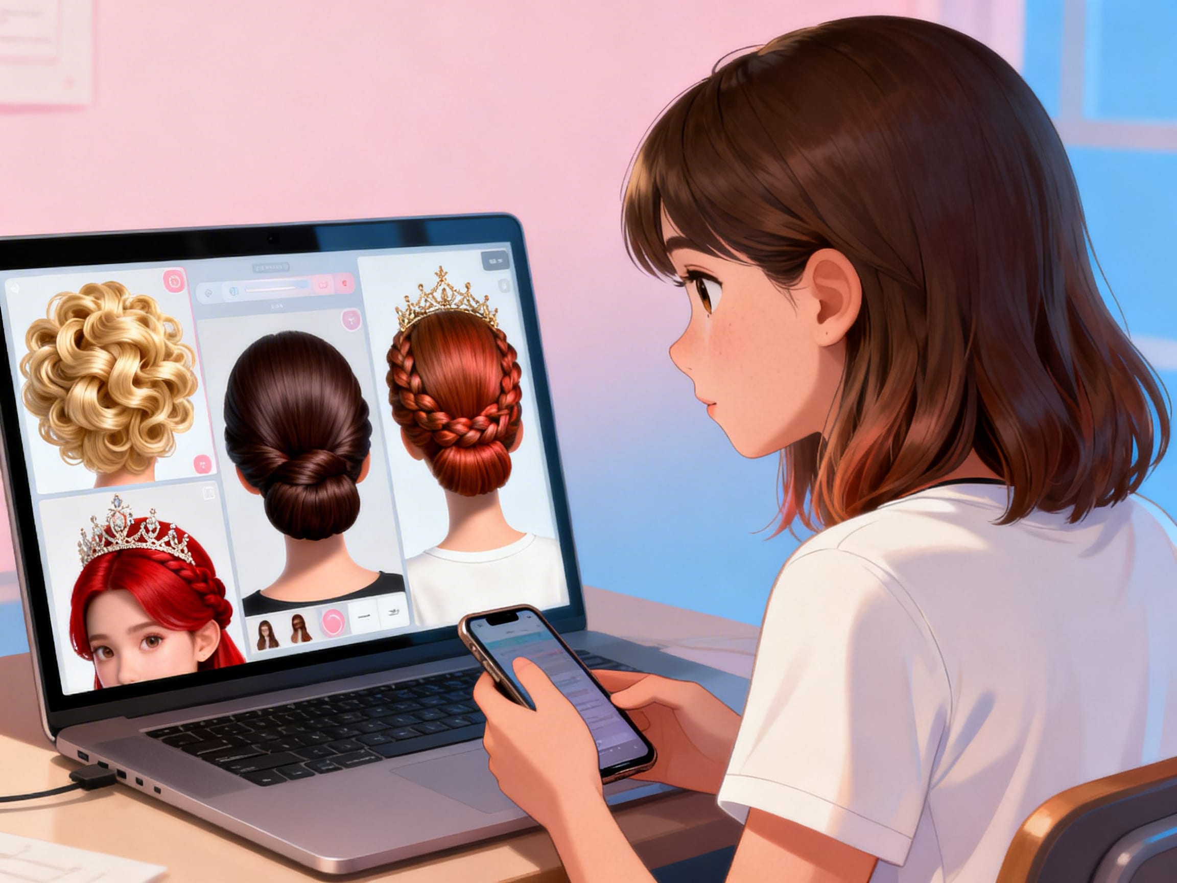 a student trying on various prom updos virtually