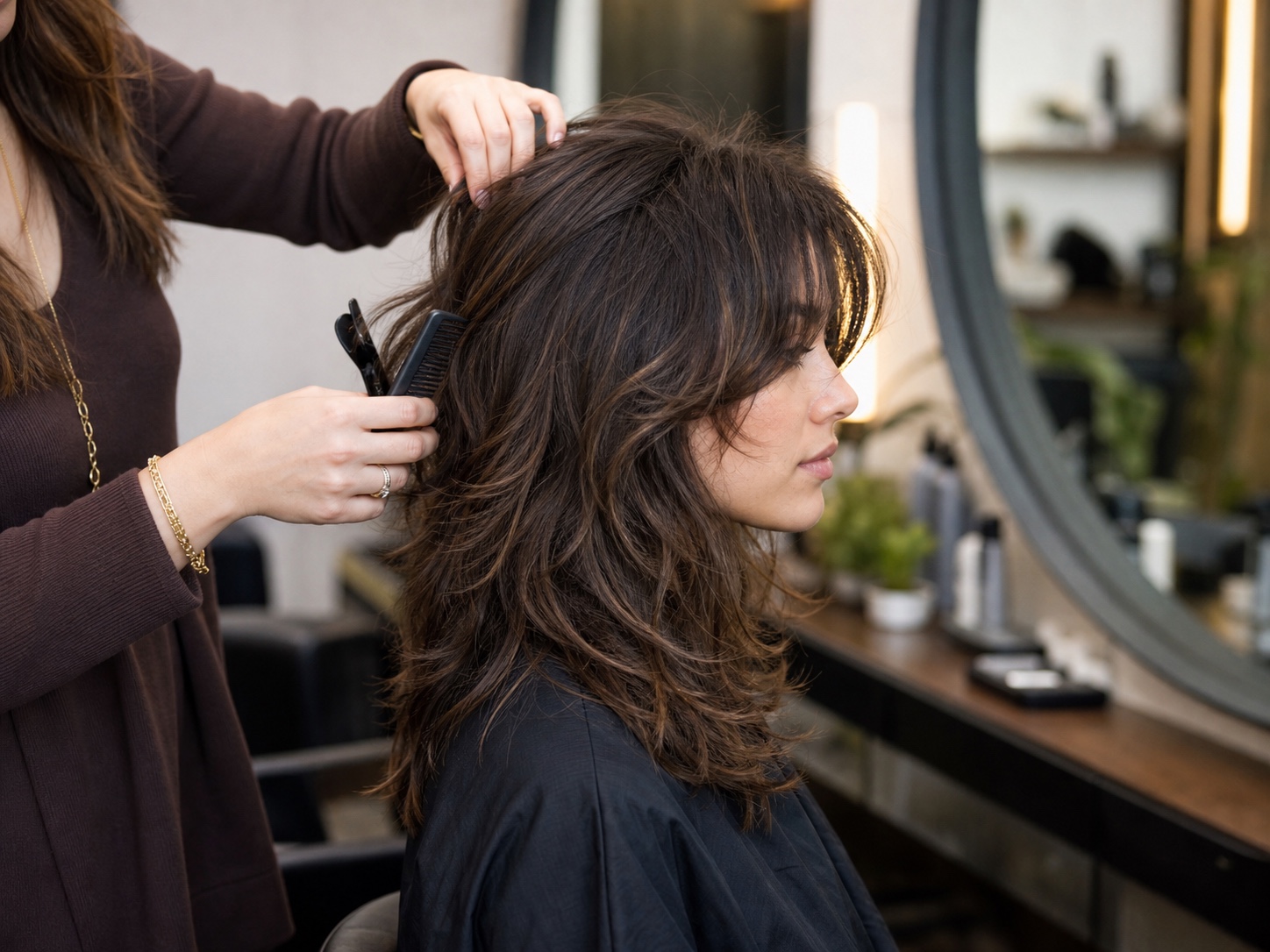 Side view of a textured shag haircut with layered movement during a salon consultation