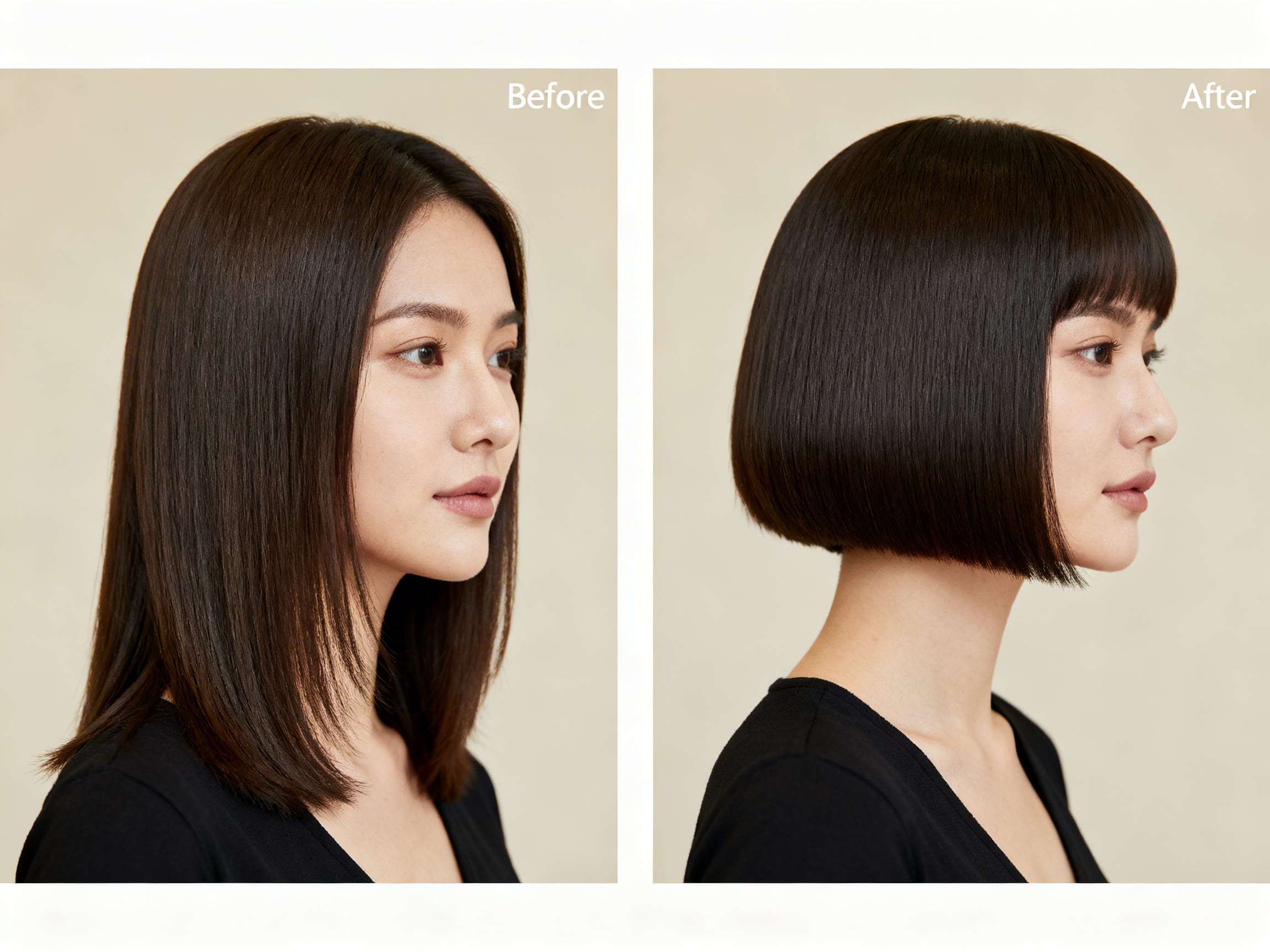 before and after short A-line haircut