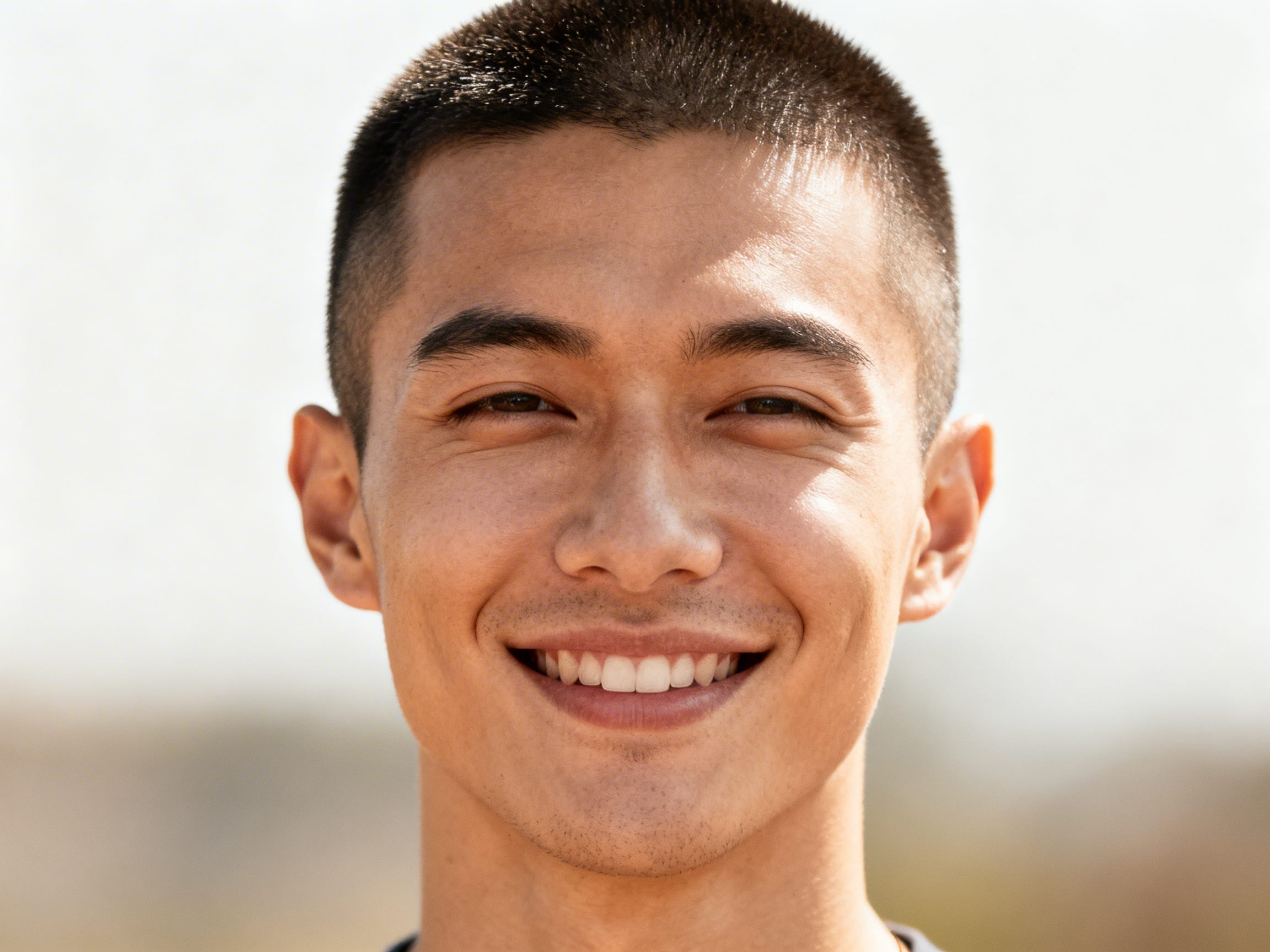 man with sharp short haircut smiling